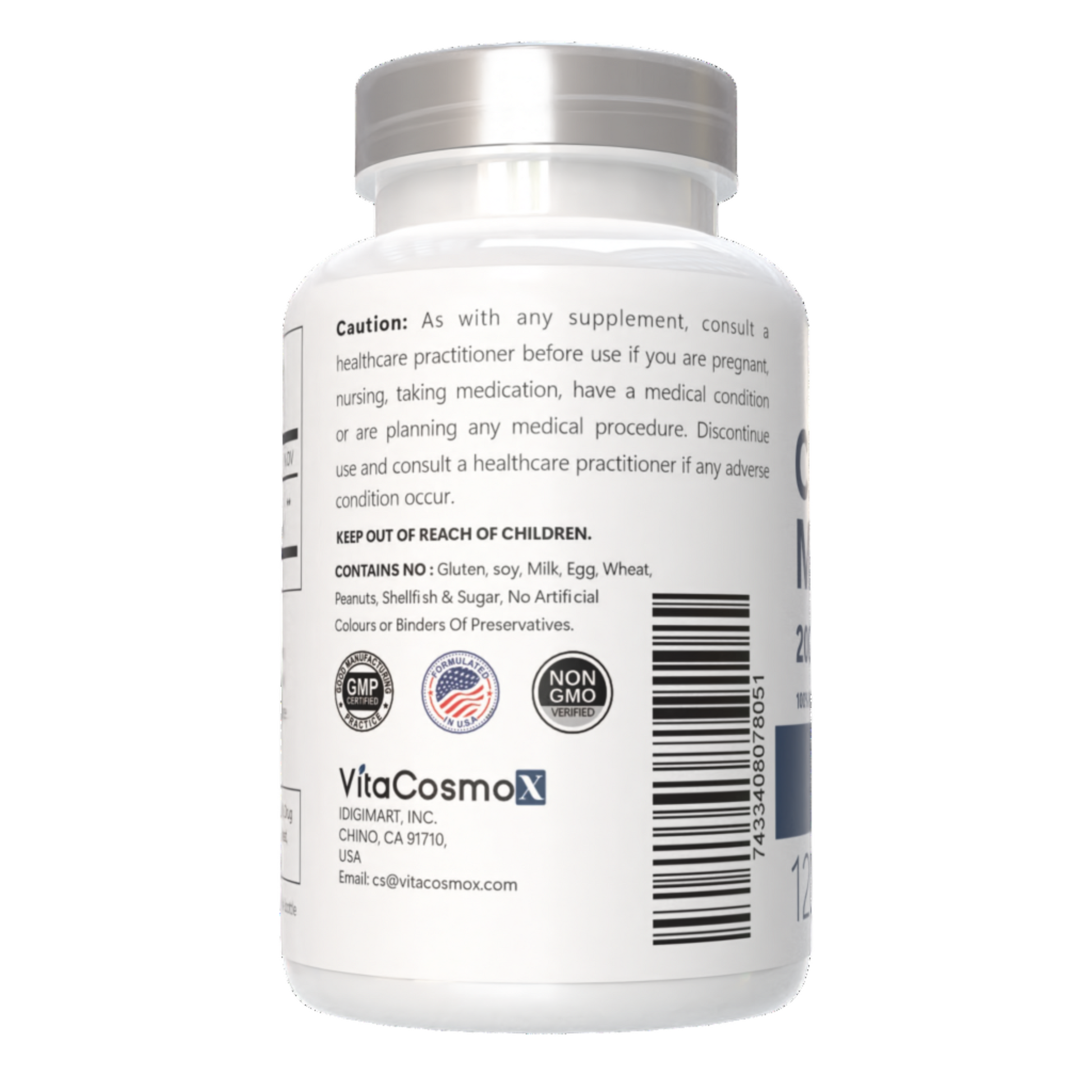 VitaCosmoX magnesium caution warning label side - 120 capsules