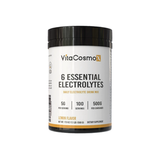 VitaCosmoX 6 Essential Electrolytes supplement container on a white background