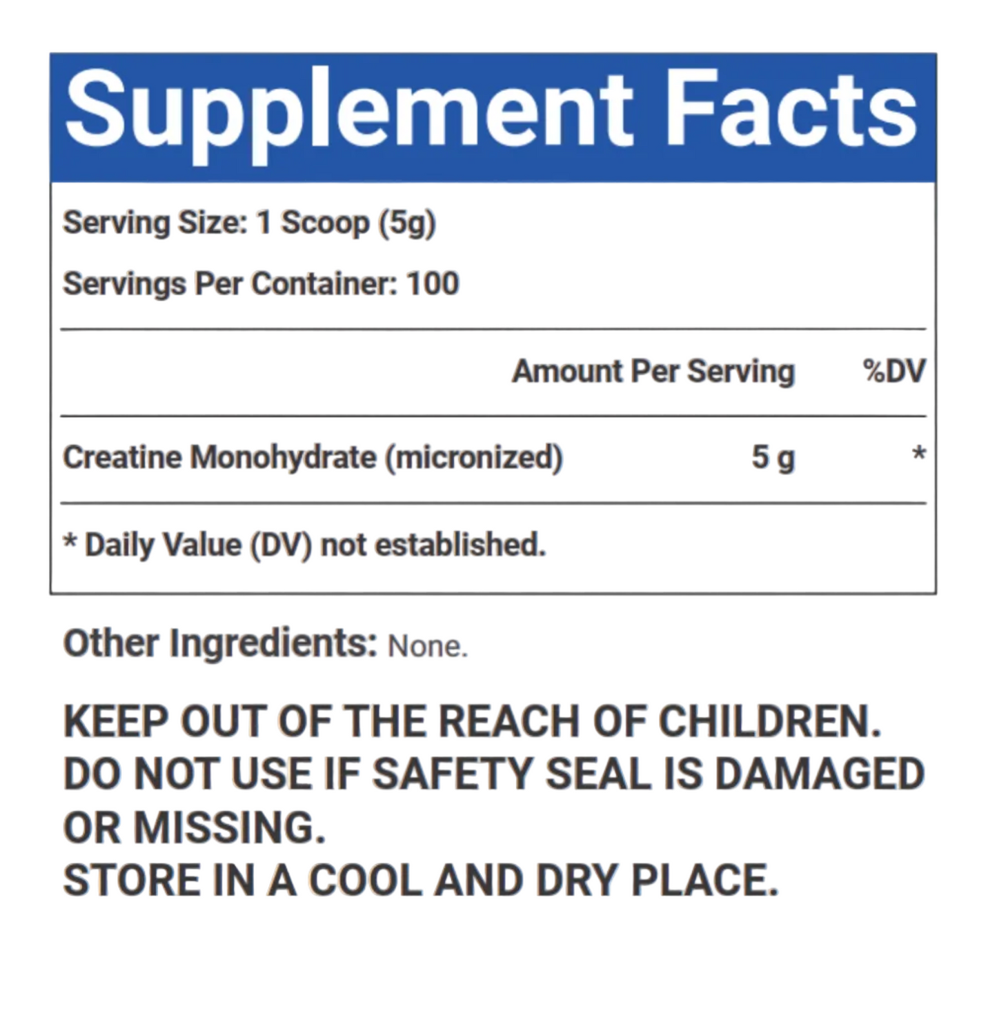 VitaCosmoX Creatine Supplement facts label with serving size, servings per container, and ingredient information.