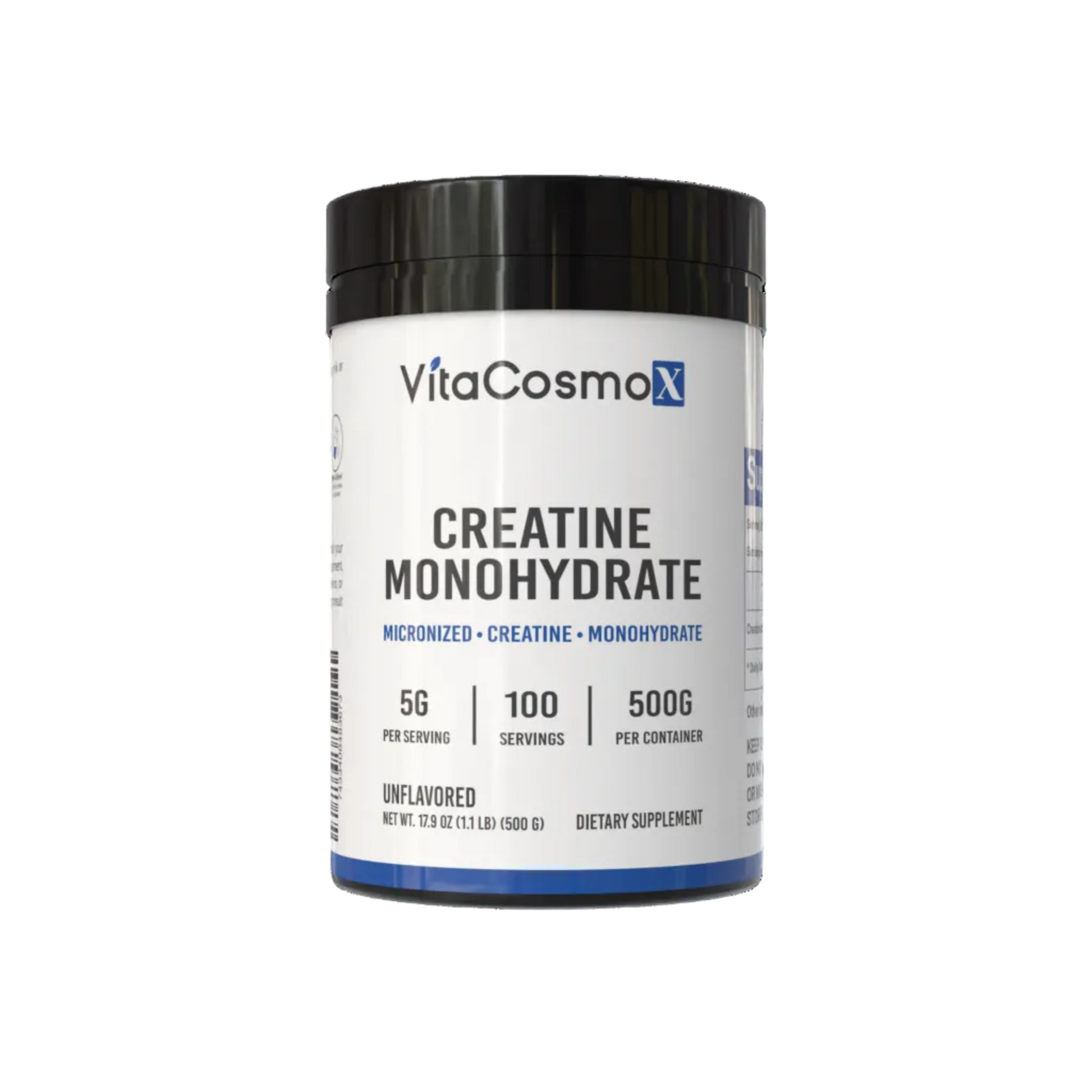 VitaCosmoX Creatine Monohydrate supplement container on a white background