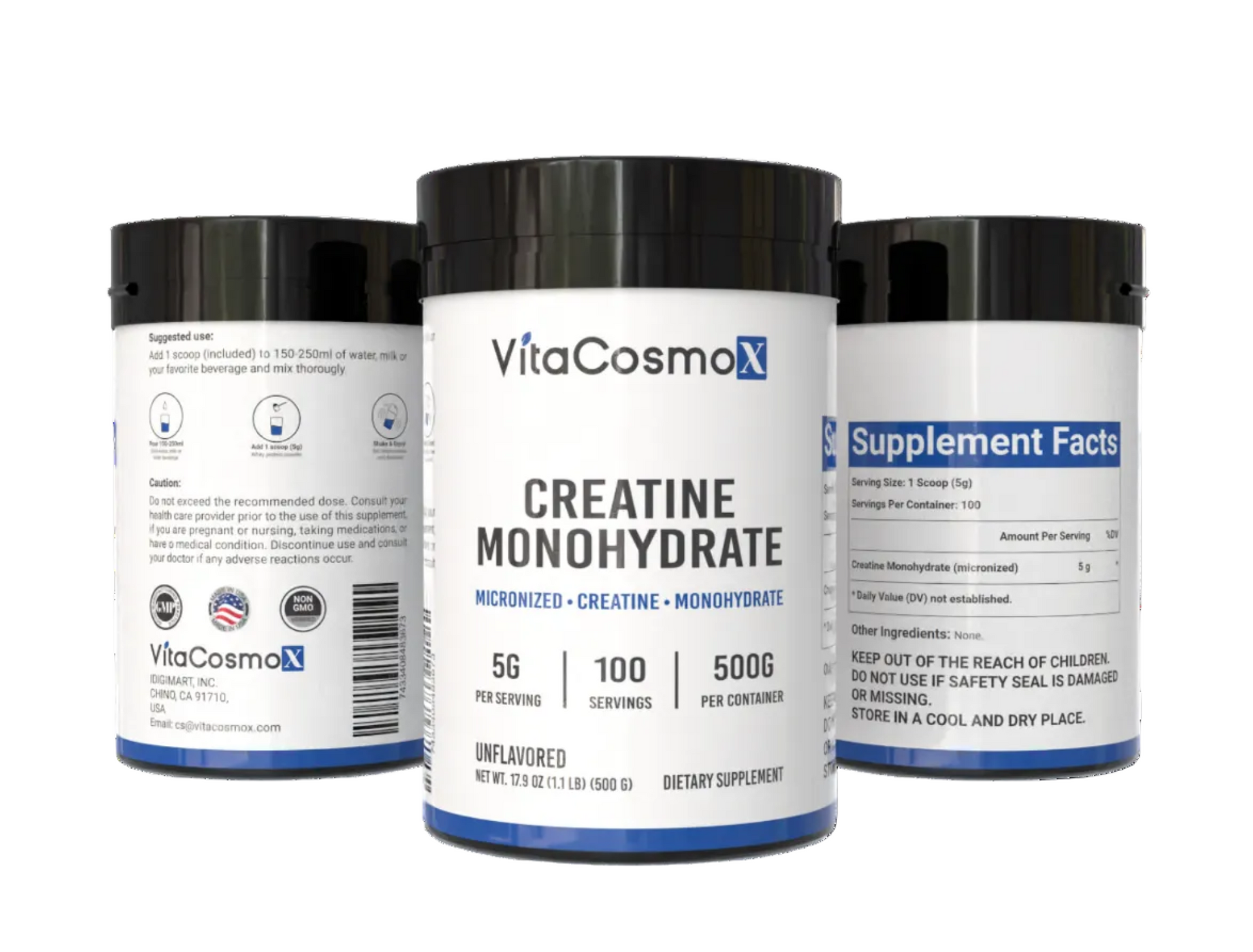 VitaCosmoX creatine monohydrate supplement containers on a white background