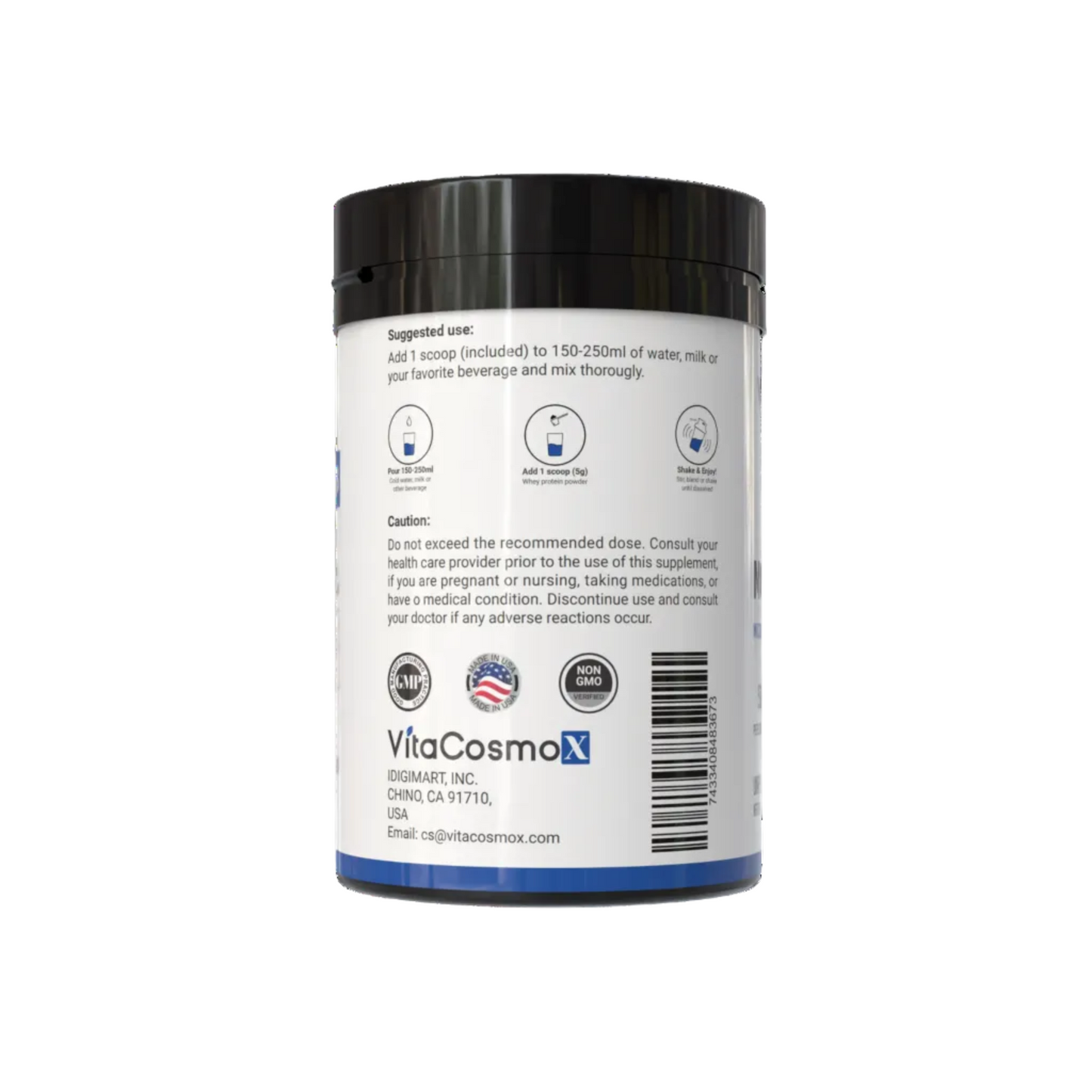 VitaCosmoX Creatine Monohydrate supplement container with label on a white background