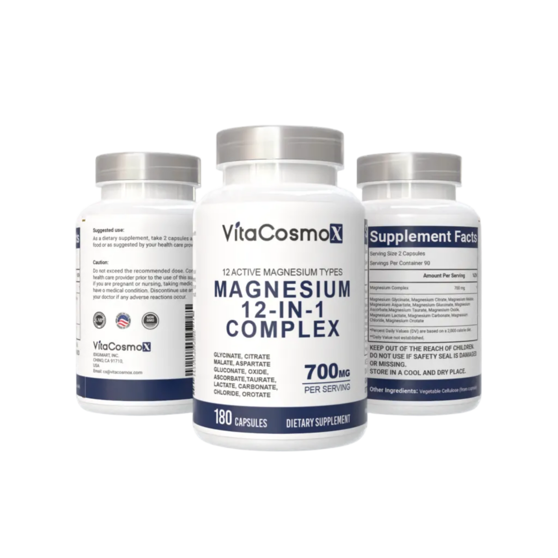 Three bottles of VitaCosmoX Magnesium 12-IN-1 Complex supplement on a white background