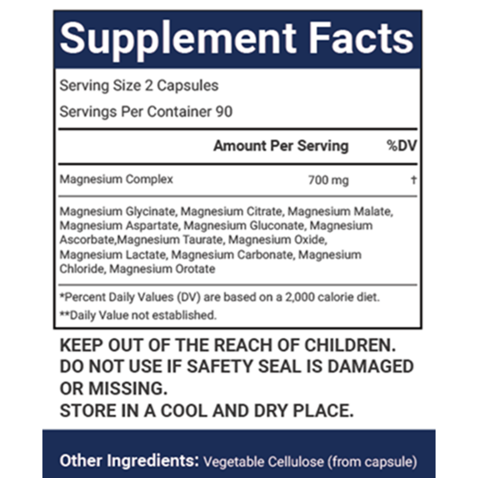 VitaCosmoX Magnesium 12-in-1 Supplement facts label with detailed ingredient list and storage instructions.