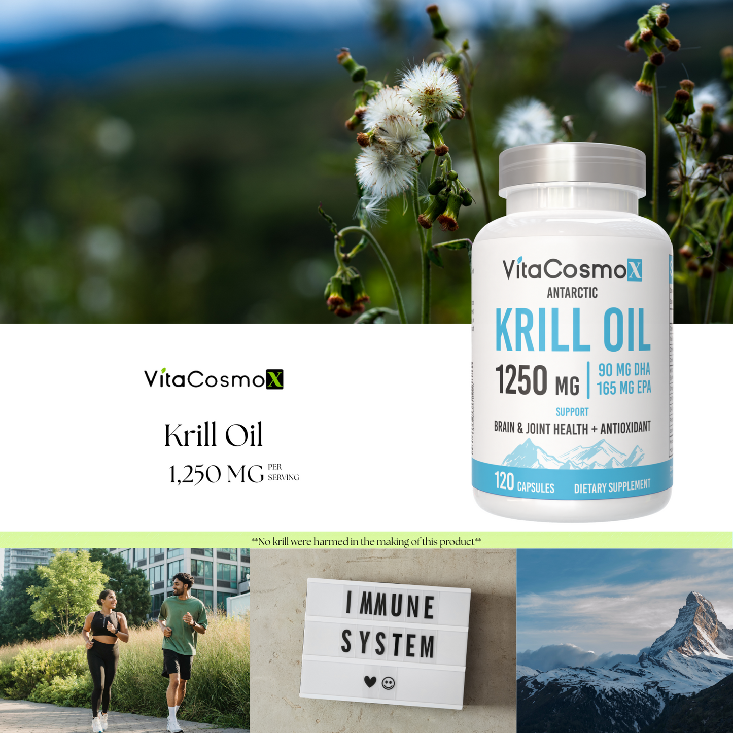 VitaCosmo krill oil supplement bottle with outdoor scenery 1250 mg 120 capsules