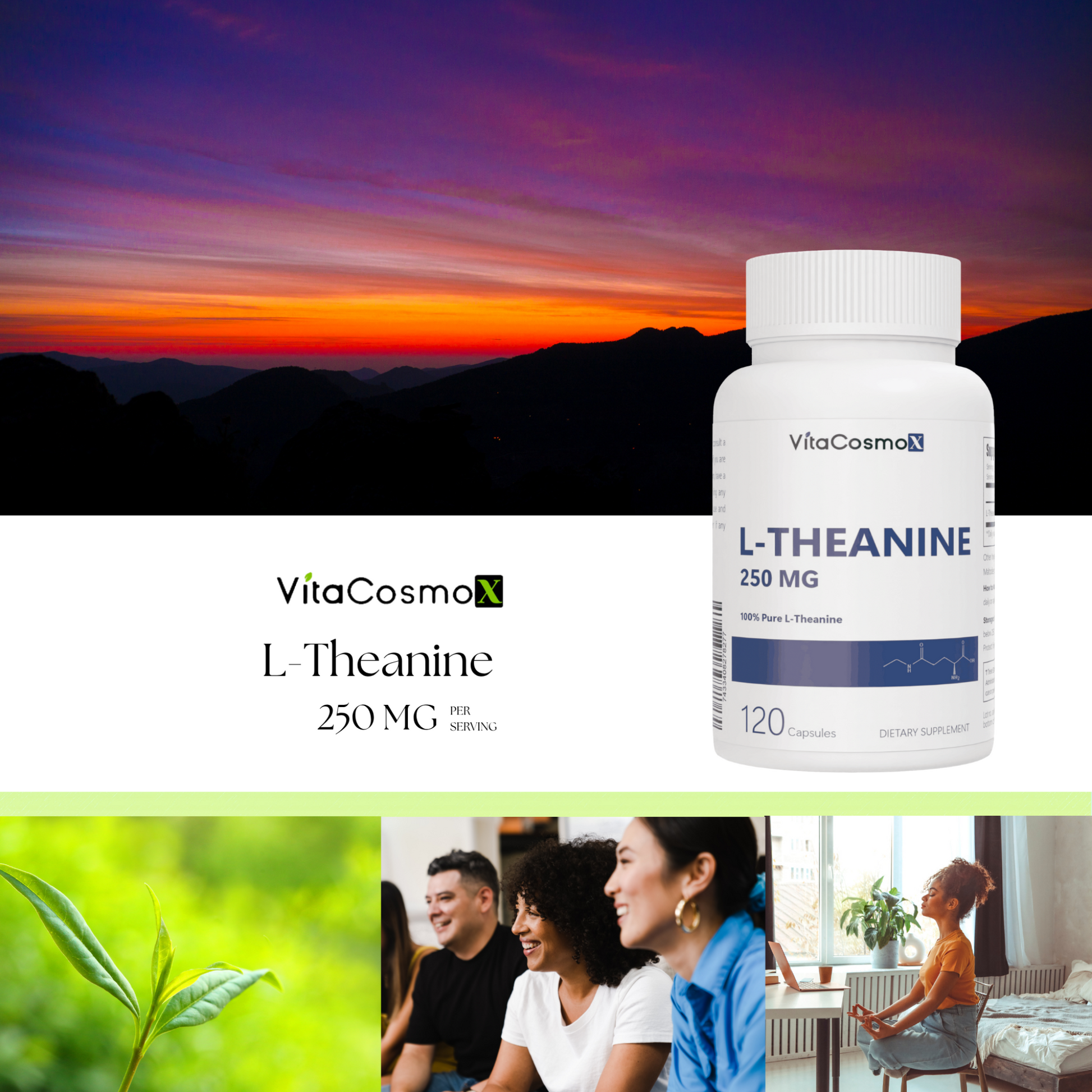 VitaCosmo L-Theanine supplement bottle with a scenic background 250 mg 120 capsules