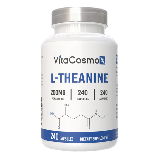 VitaCosmoX L-Theanine supplement bottle on a white background