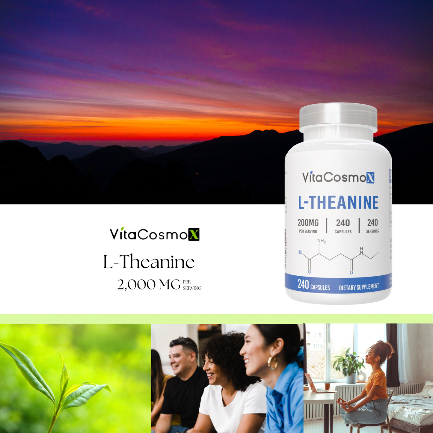 VitaCosmo L-Theanine supplement bottle with a scenic background