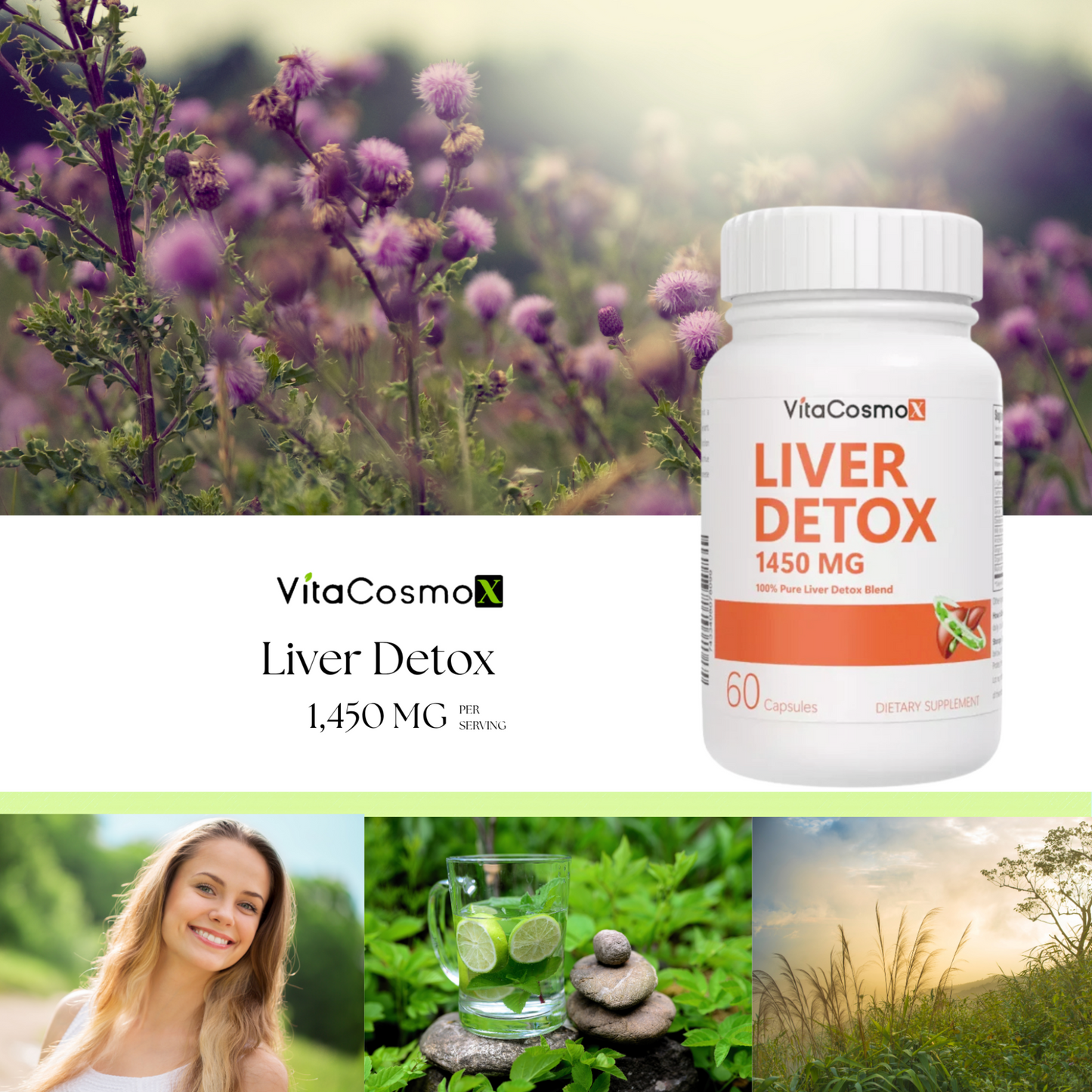 VitaCosmo Liver Detox supplement bottle with nature-themed background 1450 mg 60 capsules