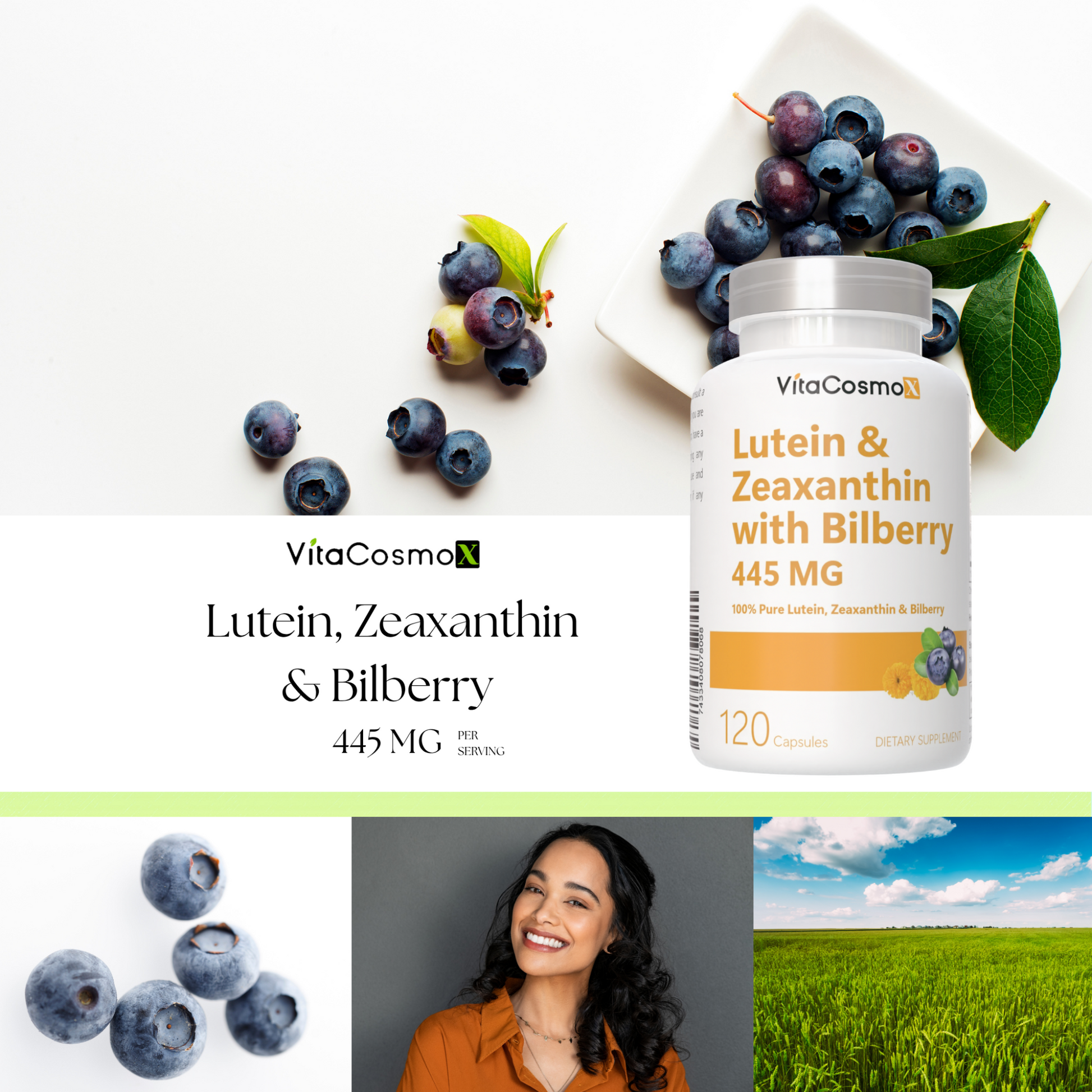 VitaCosmo Lutein & Zeaxanthin with Bilberry supplement bottle on a white background with blueberries 445 mg 120 capsules