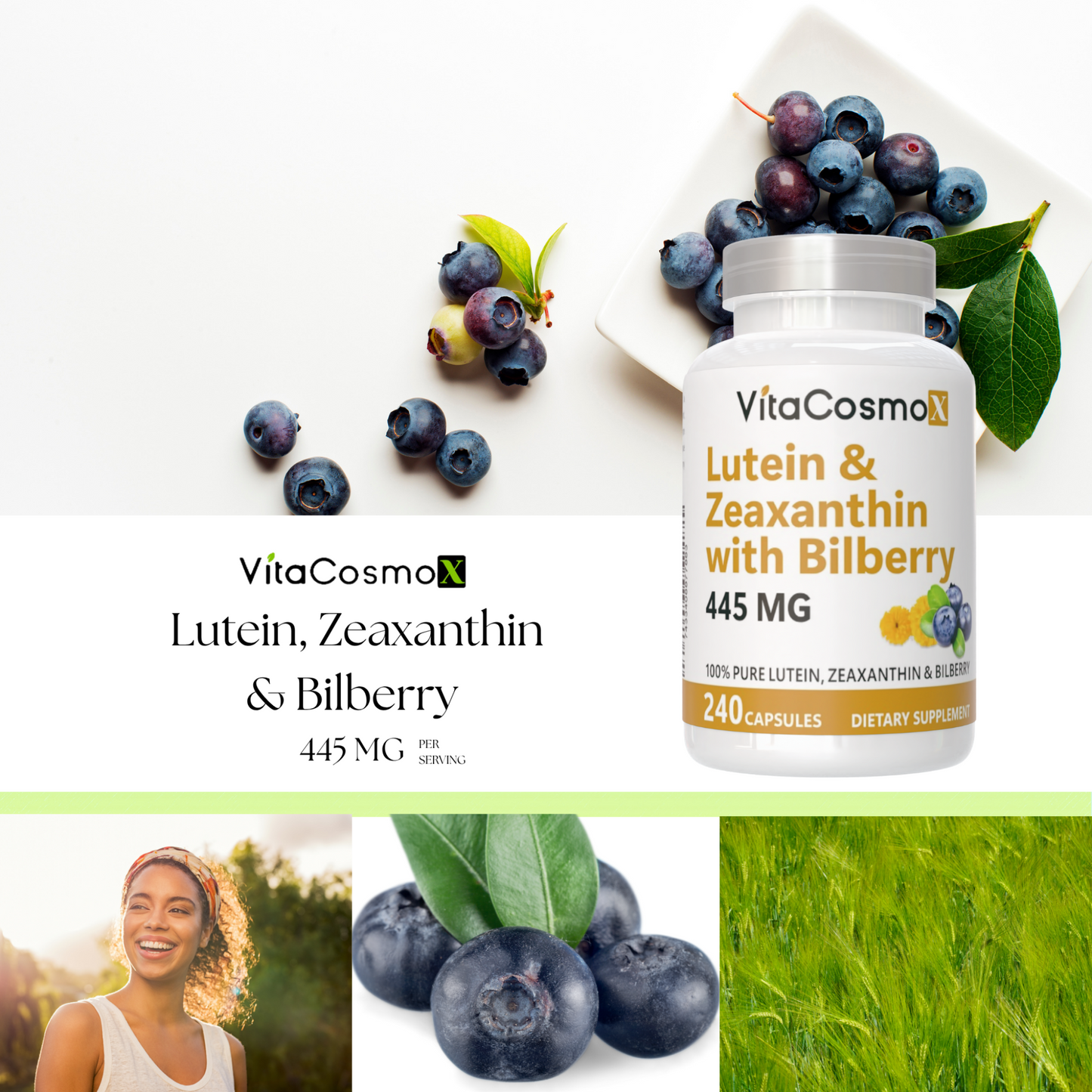 VitaCosmo Lutein & Zeaxanthin with Bilberry supplement bottle 120 capsules 445 mg infographic