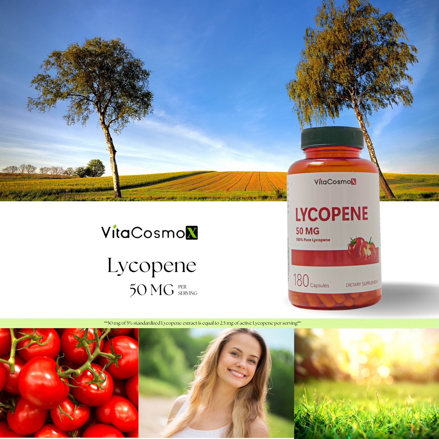 VitaCosmoX Lycopene 50 mg standardized to 5% (equals 2.5 mg of active Lycopene per serving)– 180 Vegan Capsules