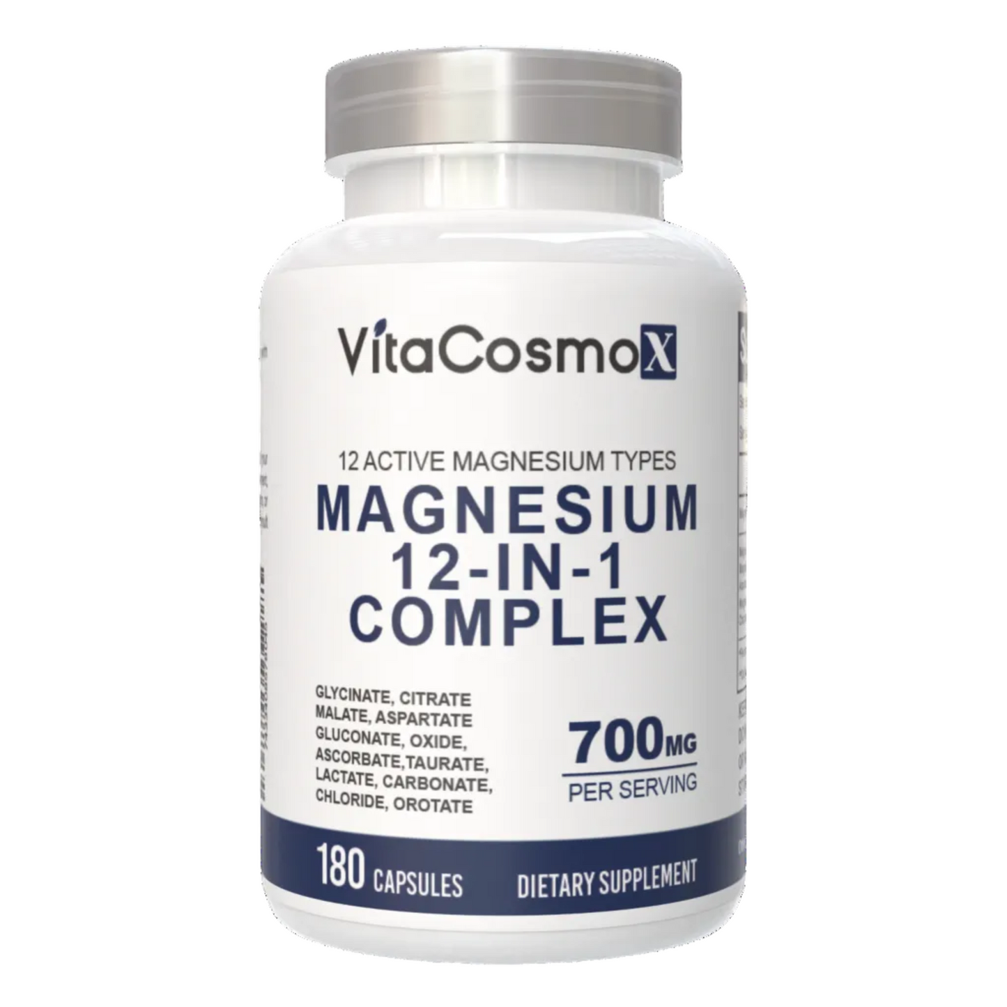 VitaCosmoX Magnesium 12-in-1 Complex supplement bottle on a white background