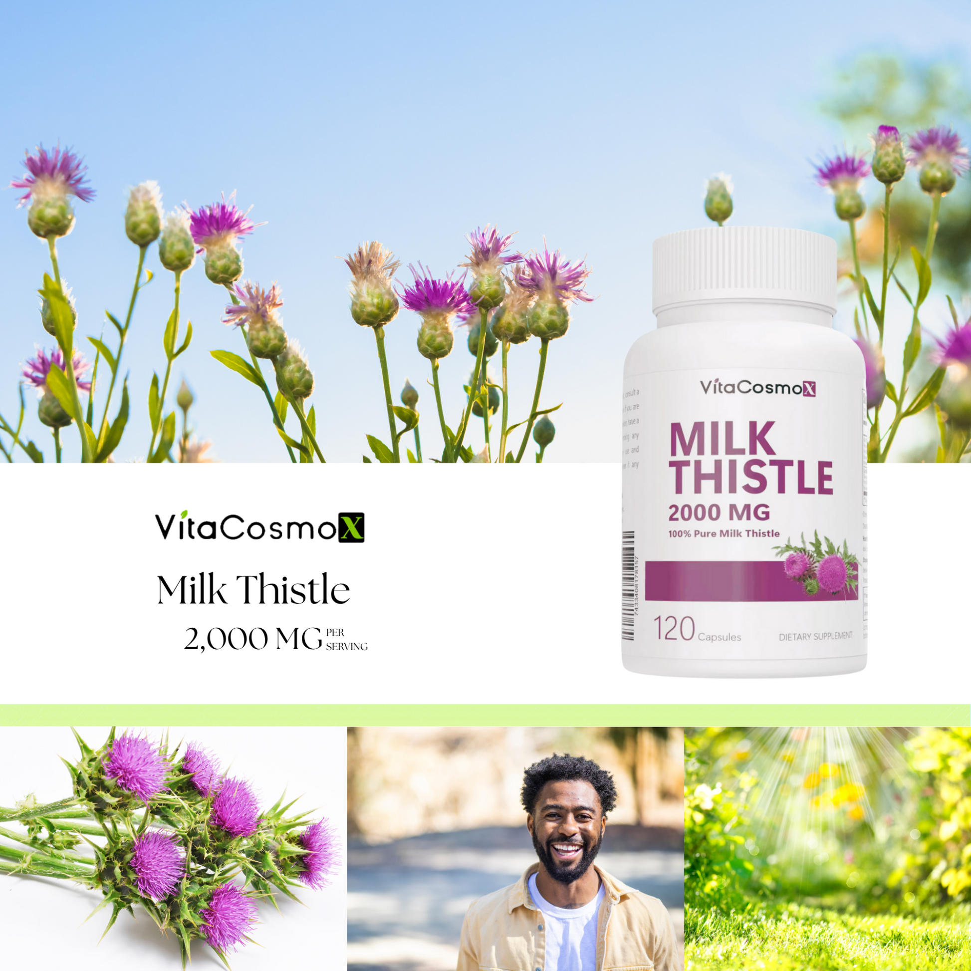 VitaCosmo Milk Thistle supplement bottle with milk thistle plants 2000 mg 120 capsules
