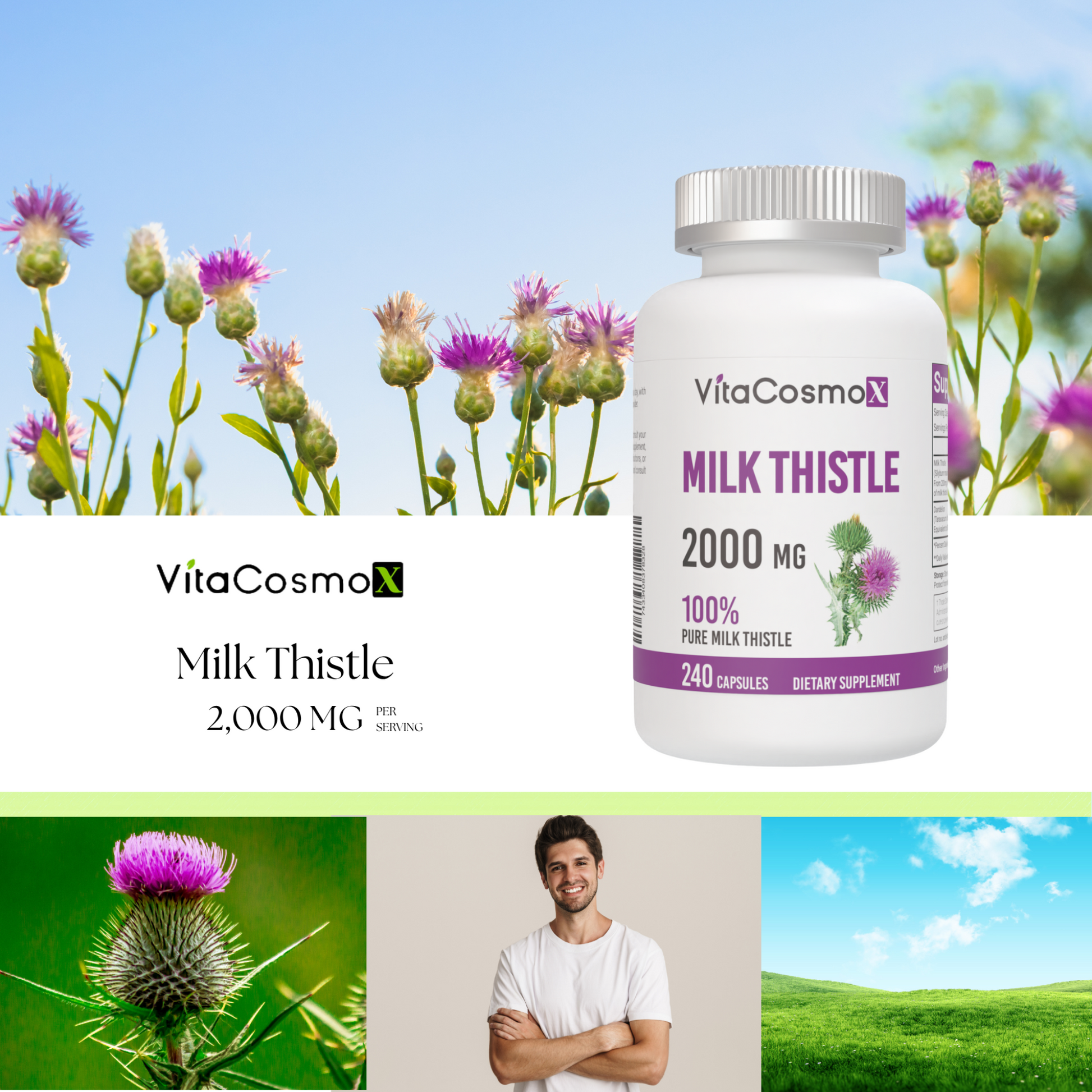 VitaCosmoX Milk Thistle supplement bottle with milk thistle plants 2000 mg 240 capsules