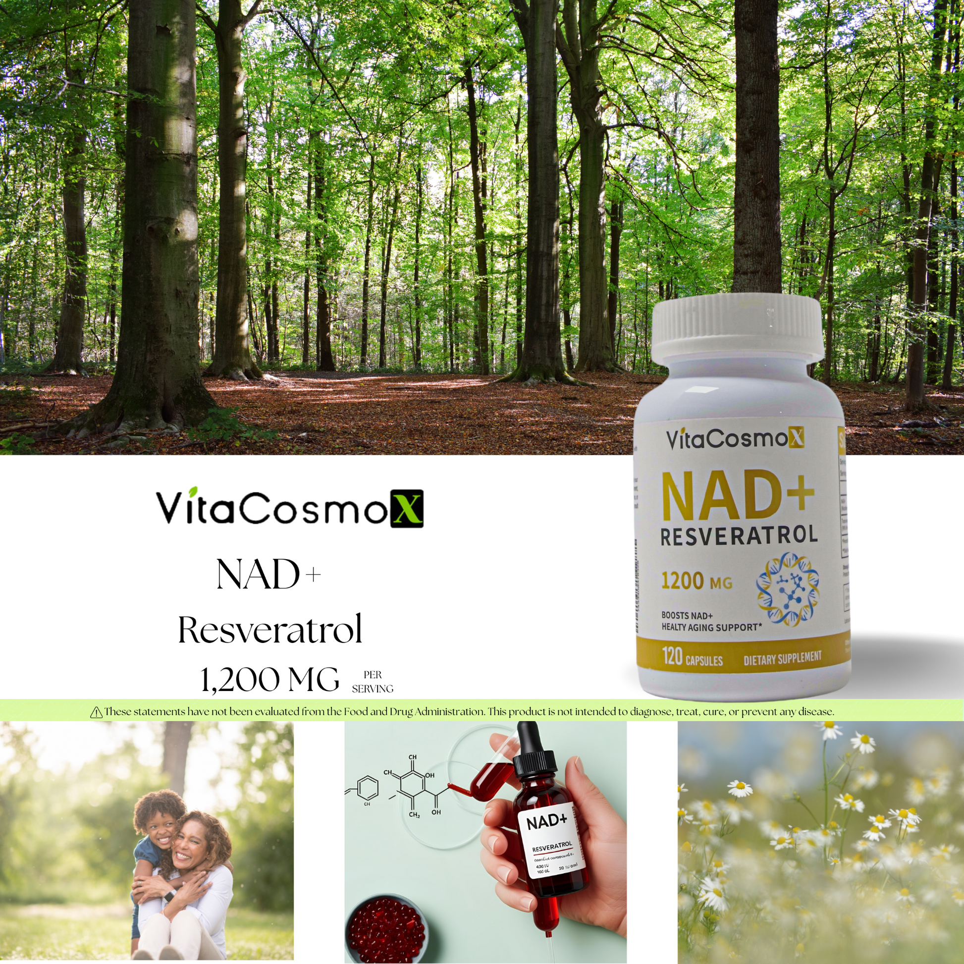 VitaCosmo NAD+ Resveratrol supplement bottle with forest background