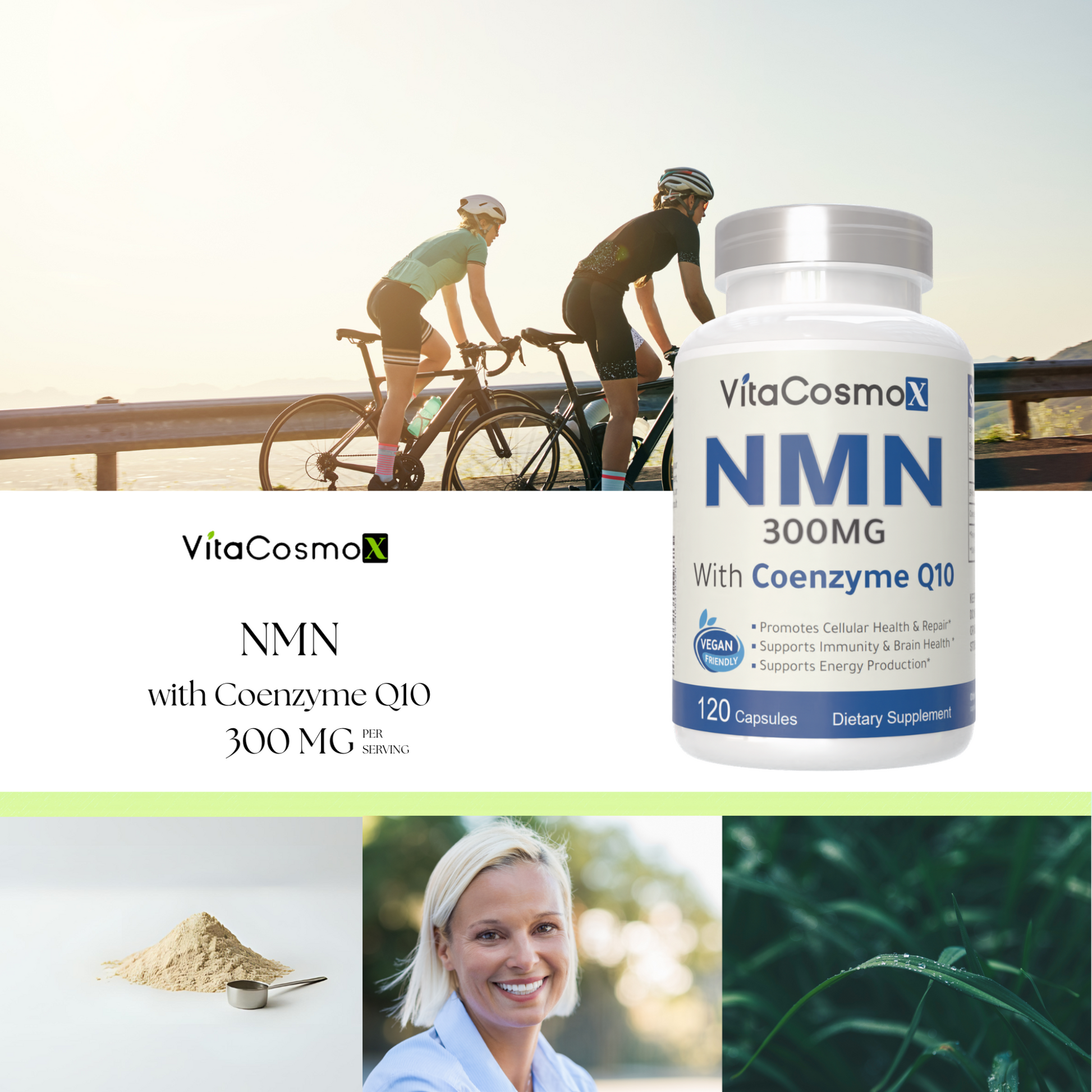 VitaCosmo NMN supplement bottle with Coenzyme Q10 300 mg 120 capsules