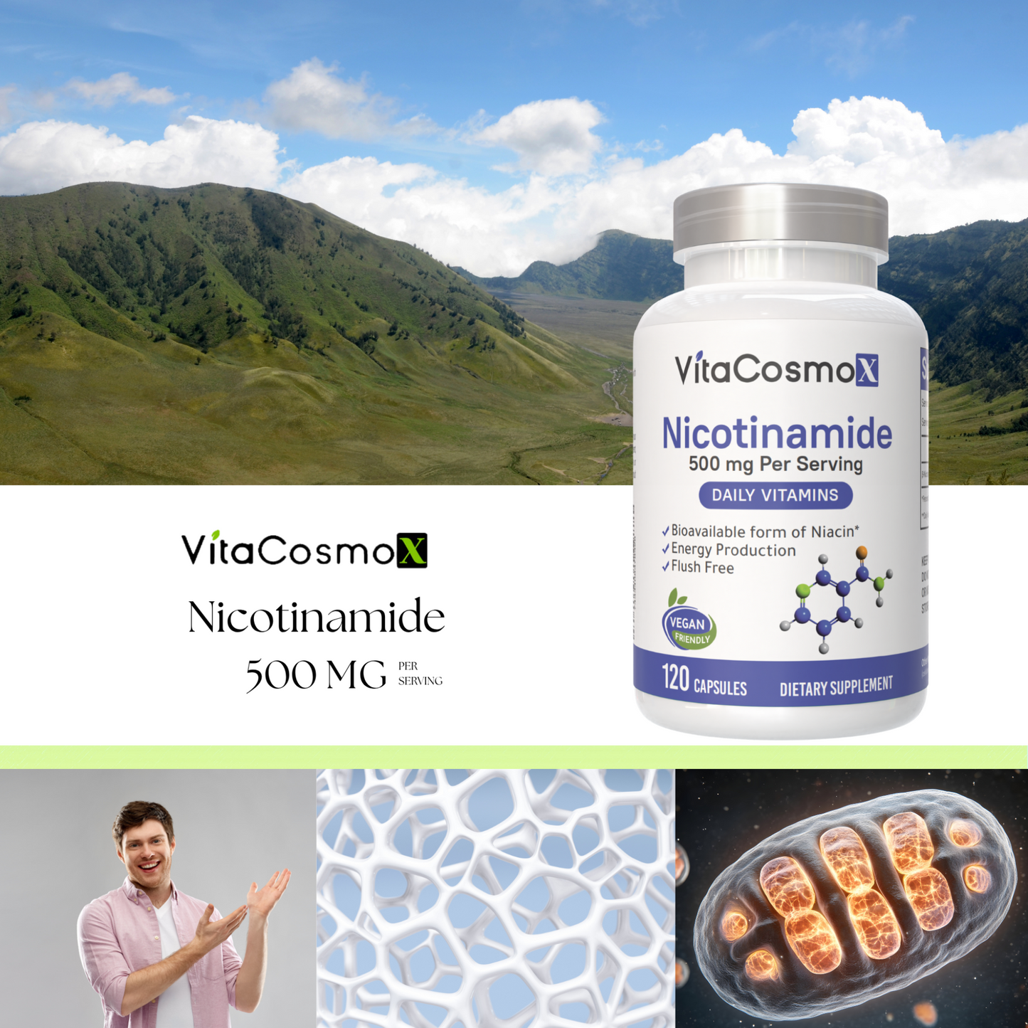 VitaCosmo Nicotinamide supplement bottle with a scenic background 500 mg 120 capsules