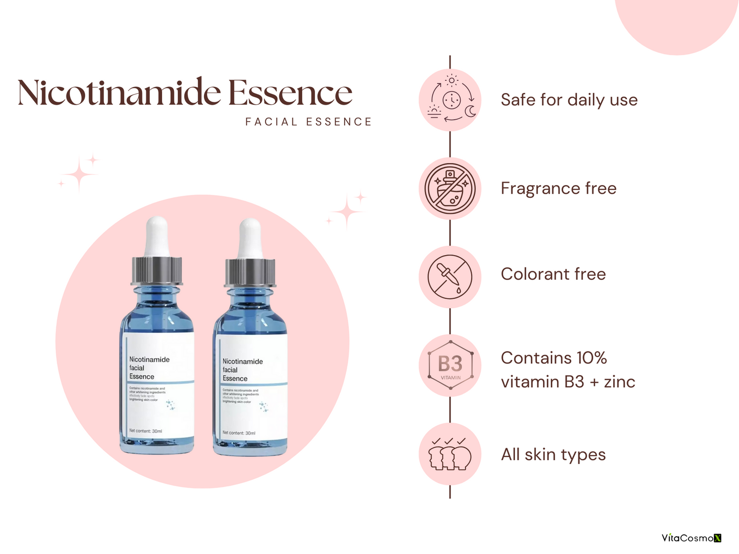 Nicotinamide Essence facial essence bottles with safety features on a pink background