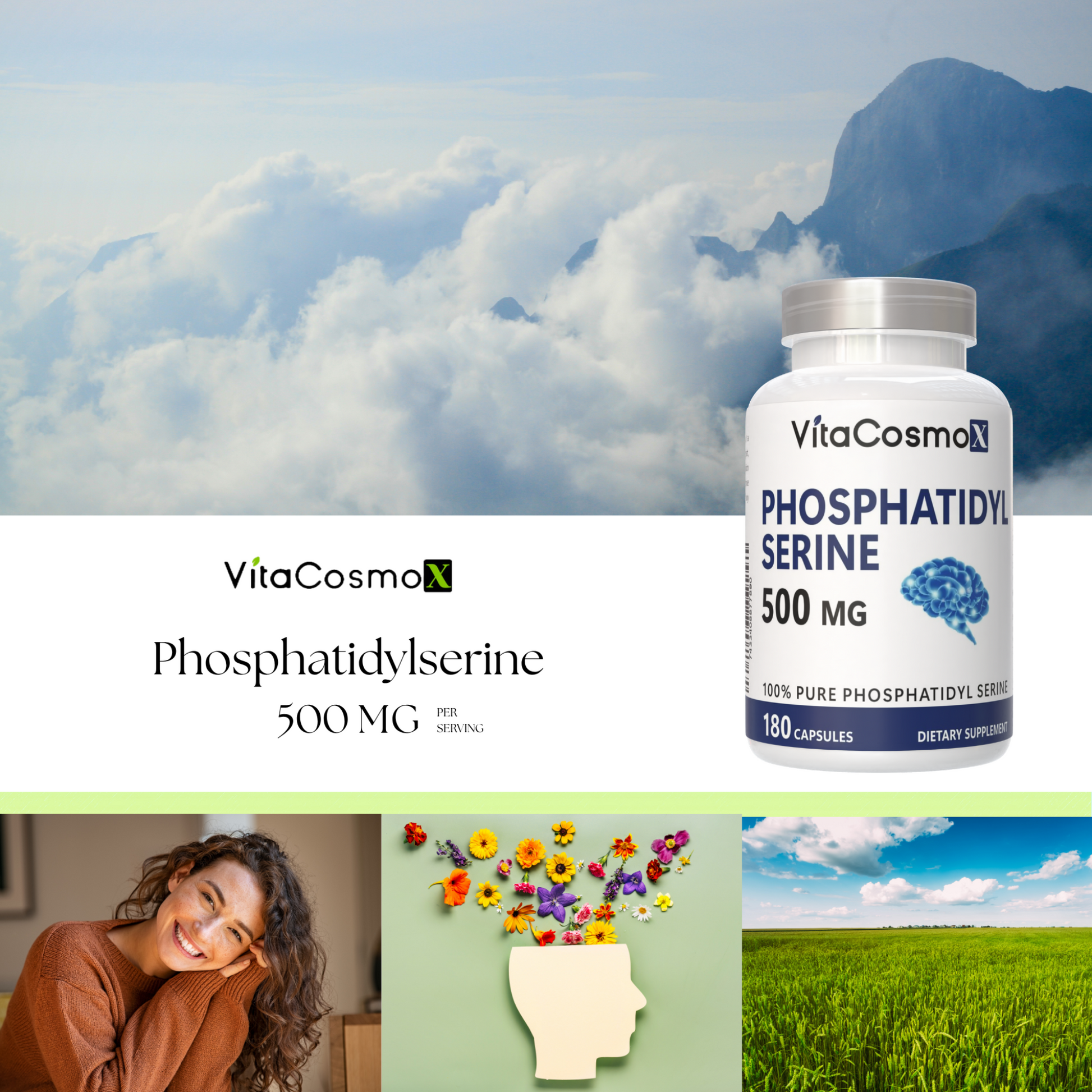 VitaCosmo Phosphatidylserine supplement bottle with scenic background 500 mg 180 capsules