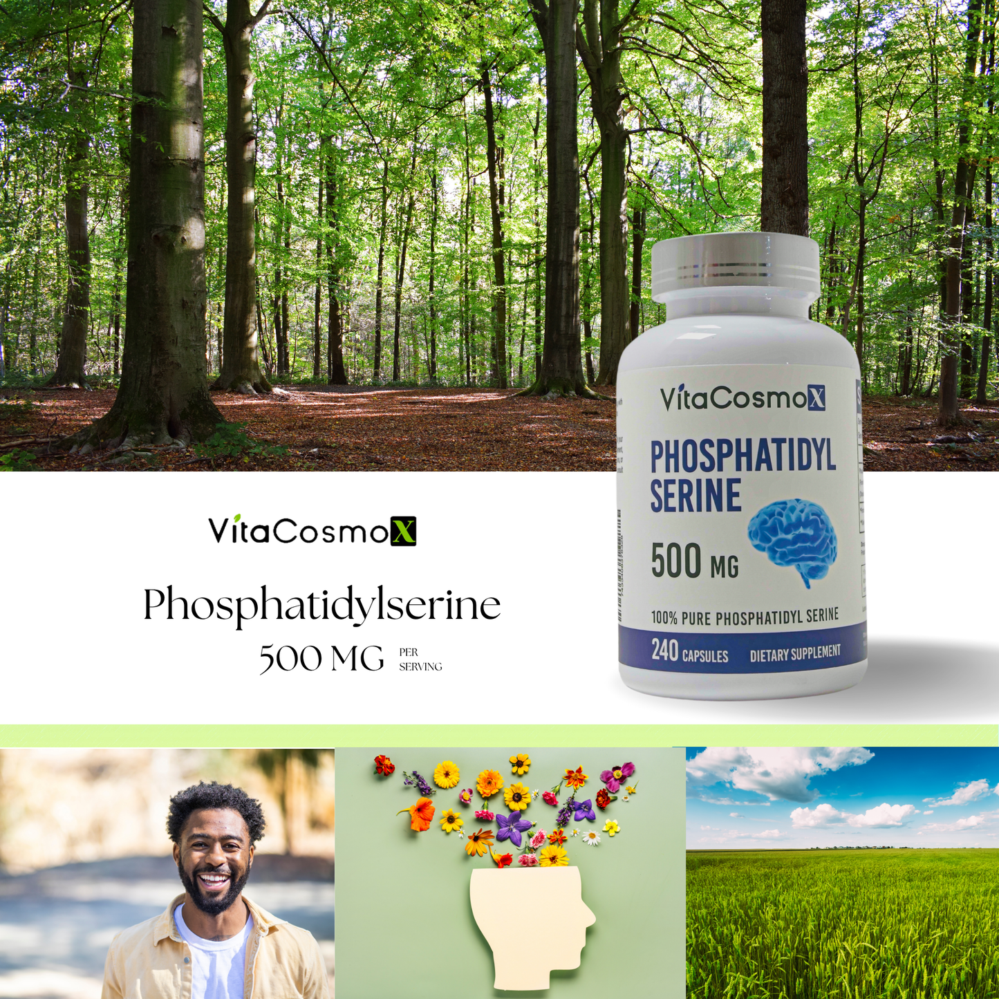 VitaCosmo Phosphatidylserine supplement bottle with a forest background