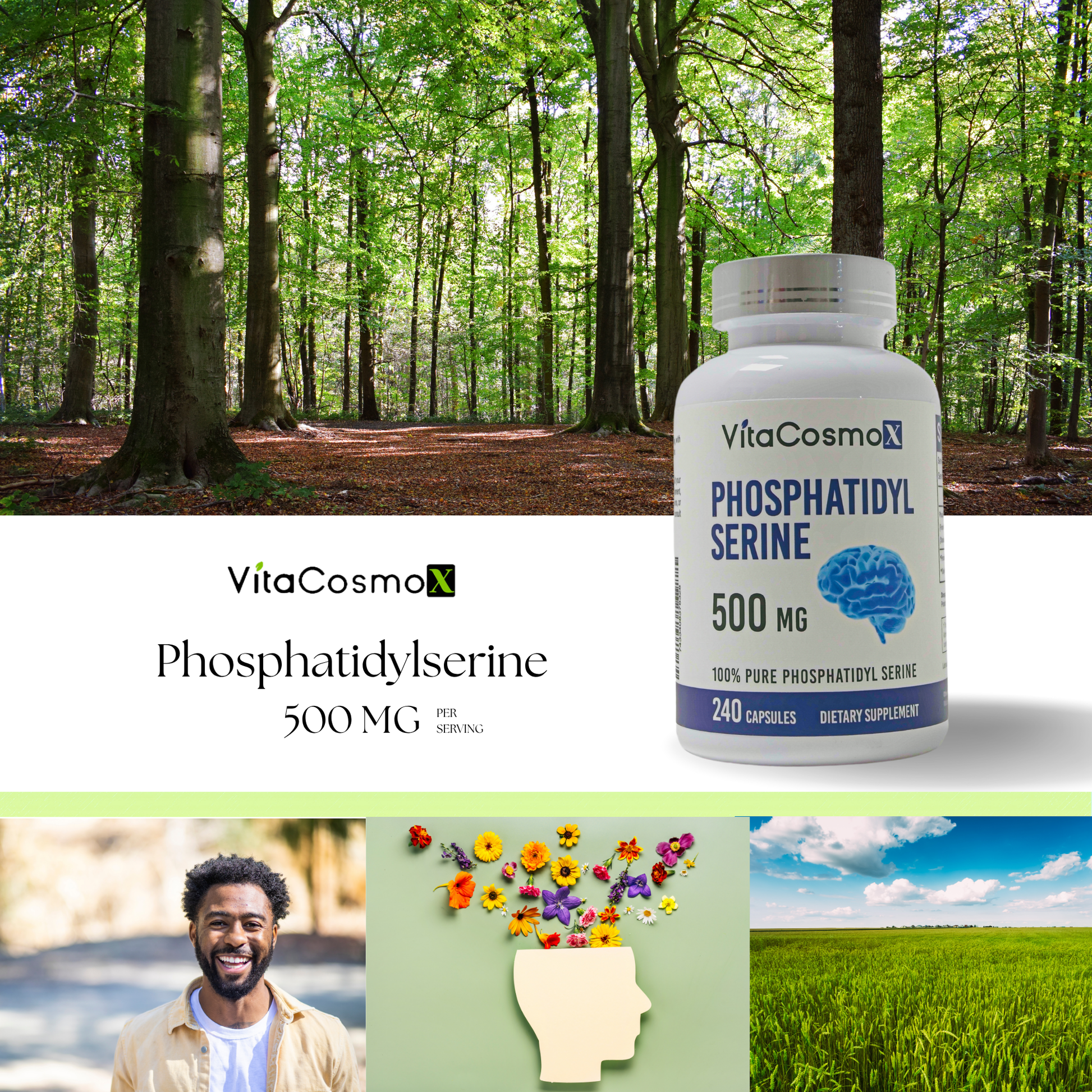 VitaCosmo Phosphatidylserine supplement bottle with a forest background