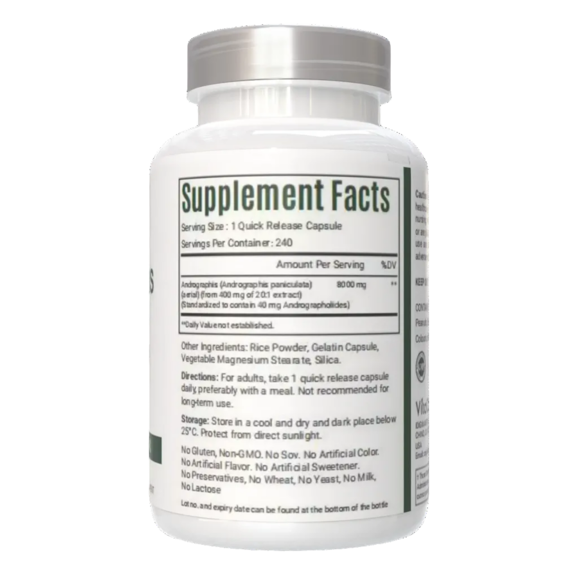 VitaCosmoX Andrographis Paniculata Supplement bottle with label showing 'Supplement Facts' on a white background