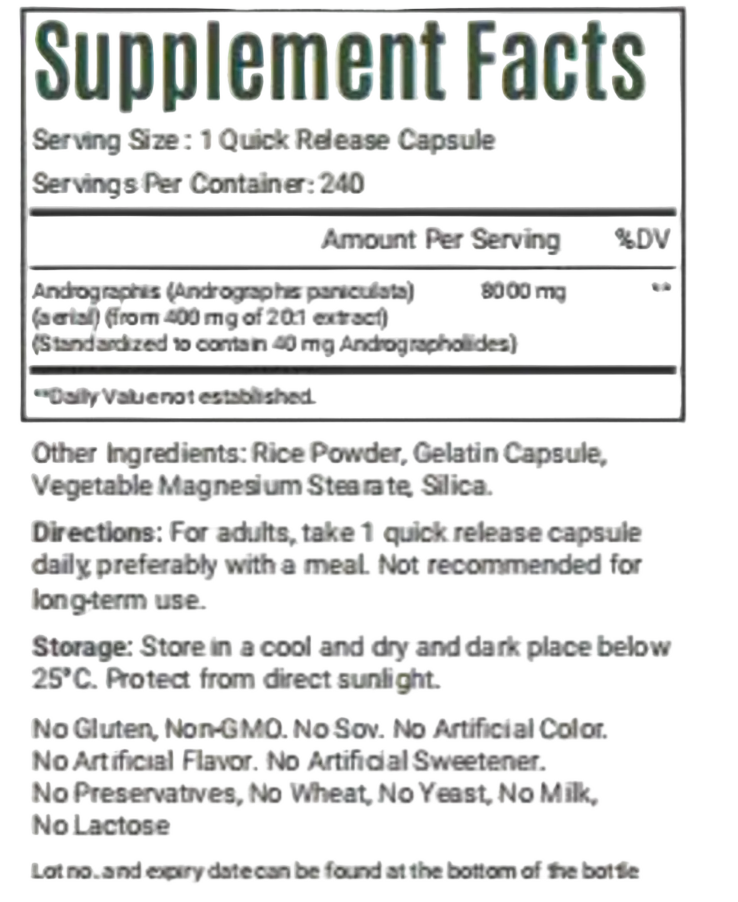 VitaCosmoX Andrographis Paniculata Supplement facts label for a quick release capsule with Andrographis ingredient.