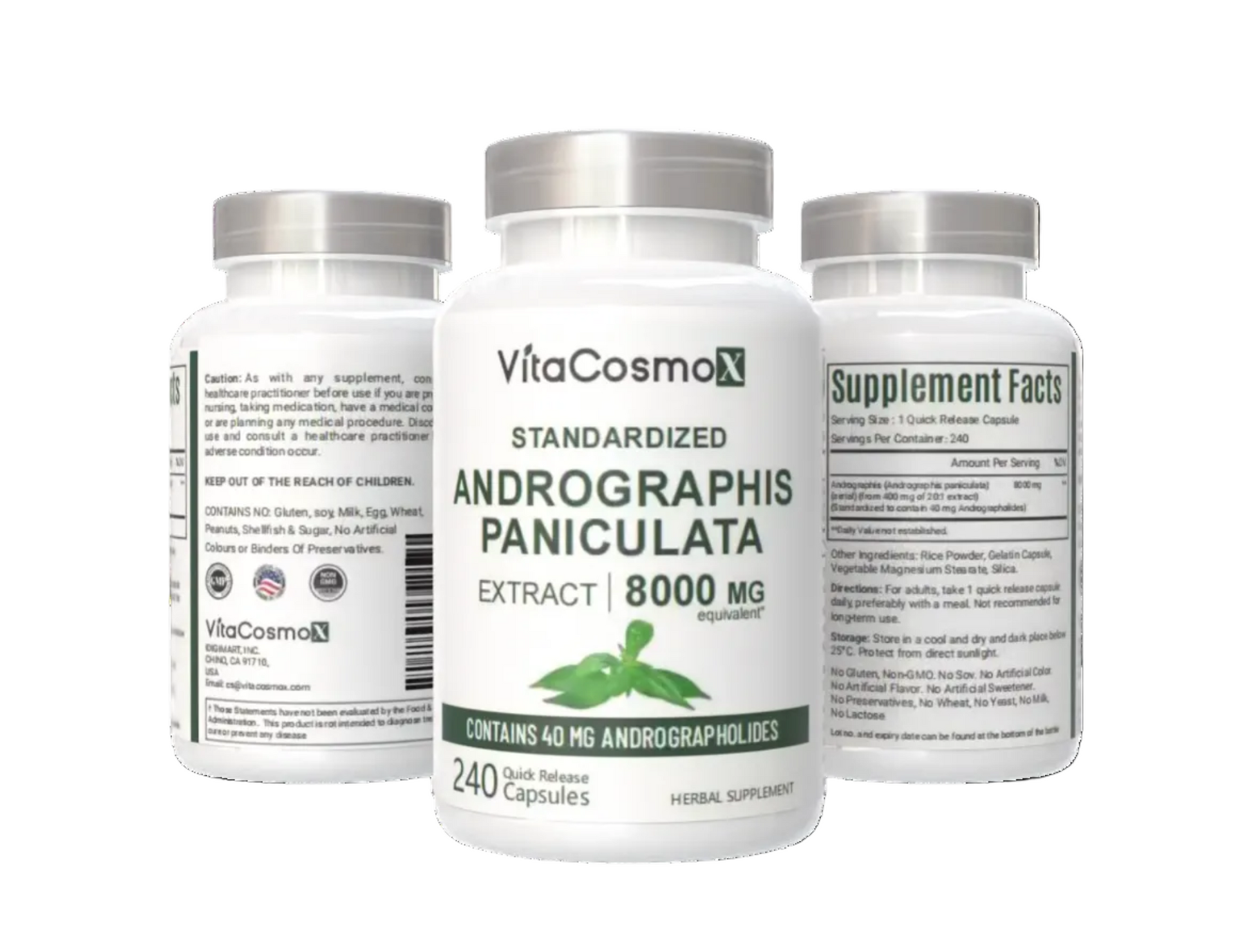 VitaCosmoX supplement bottle with 'Standardized Andrographis Paniculata Extract' on a white background