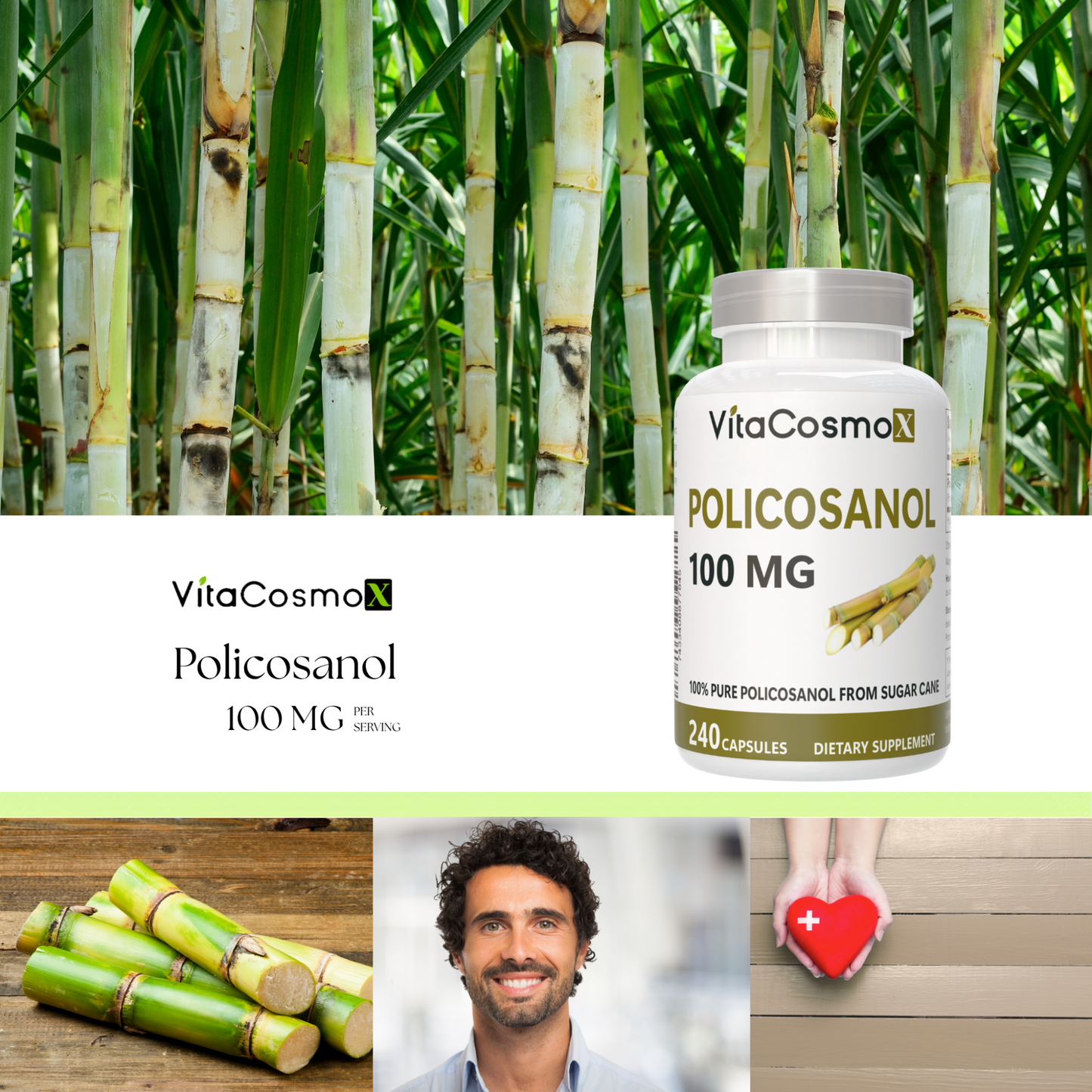 VitaCosmoX Policosanol supplement bottle with sugar cane in the background 100 mg 240 capsules
