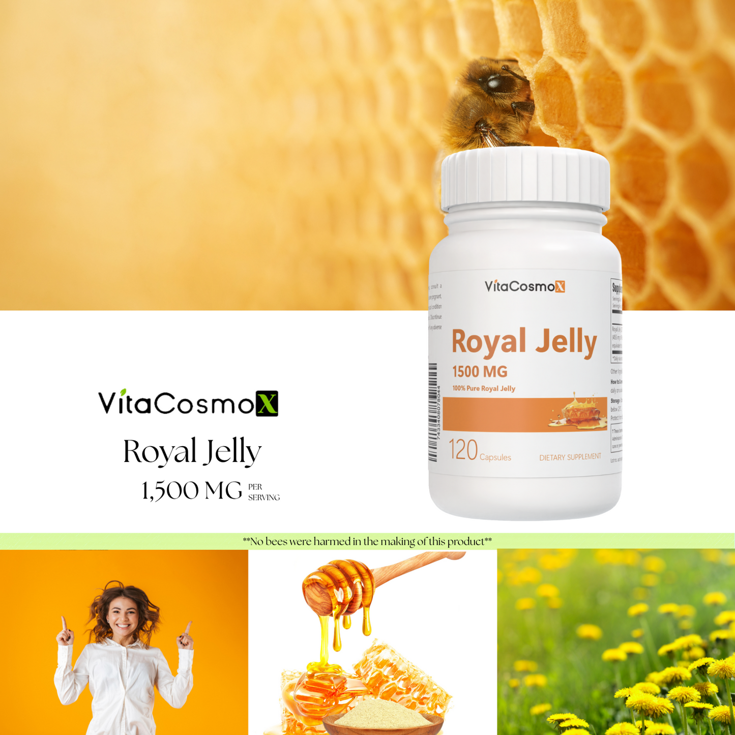 VitaCosmo Royal Jelly supplement bottle with honeycomb and bee background 1500 mg 120 capsules