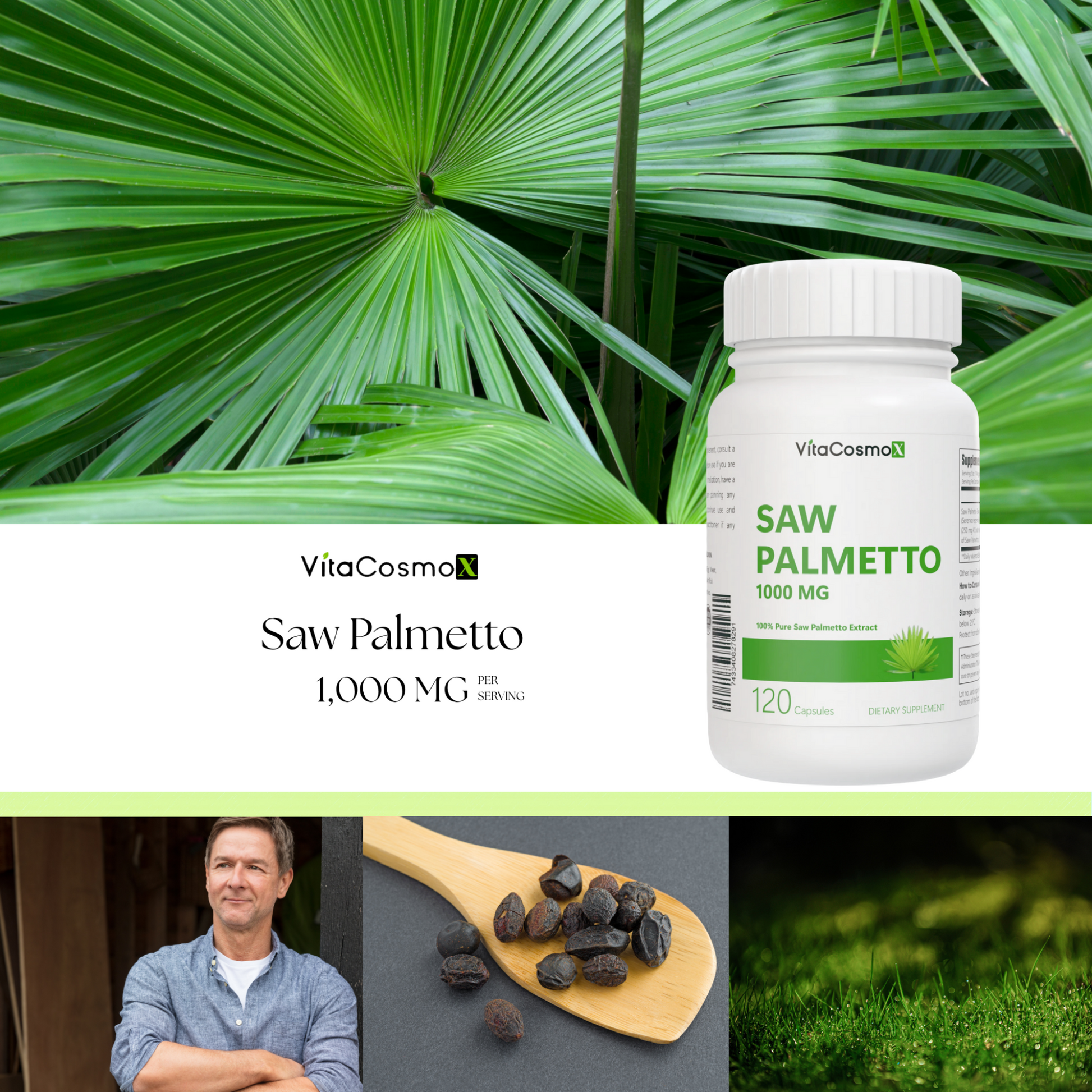 VitaCosmo Saw Palmetto supplement bottle with green leaves and a man in a blue shirt in the background 1000 mg 120 capsules