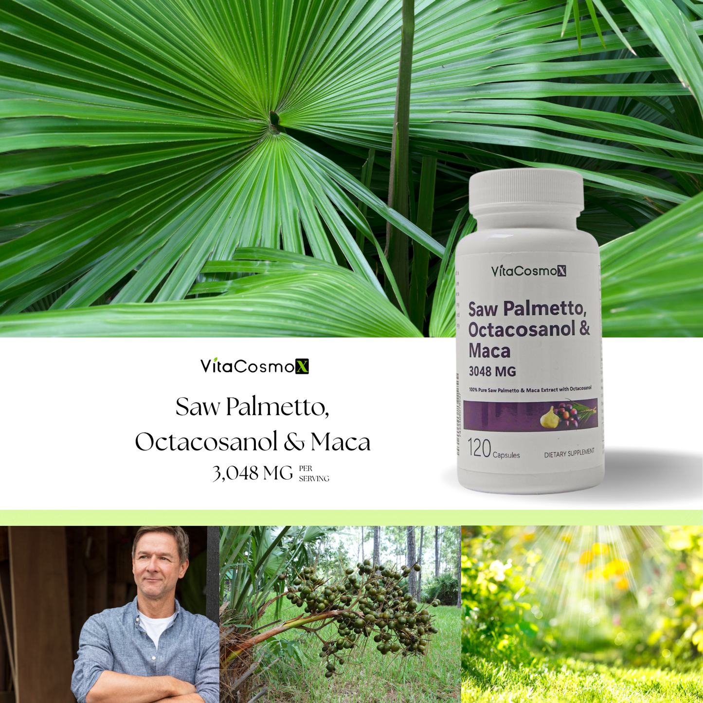 vitacosmox saw palmetto, octacosanol & maca 120 caps infographic