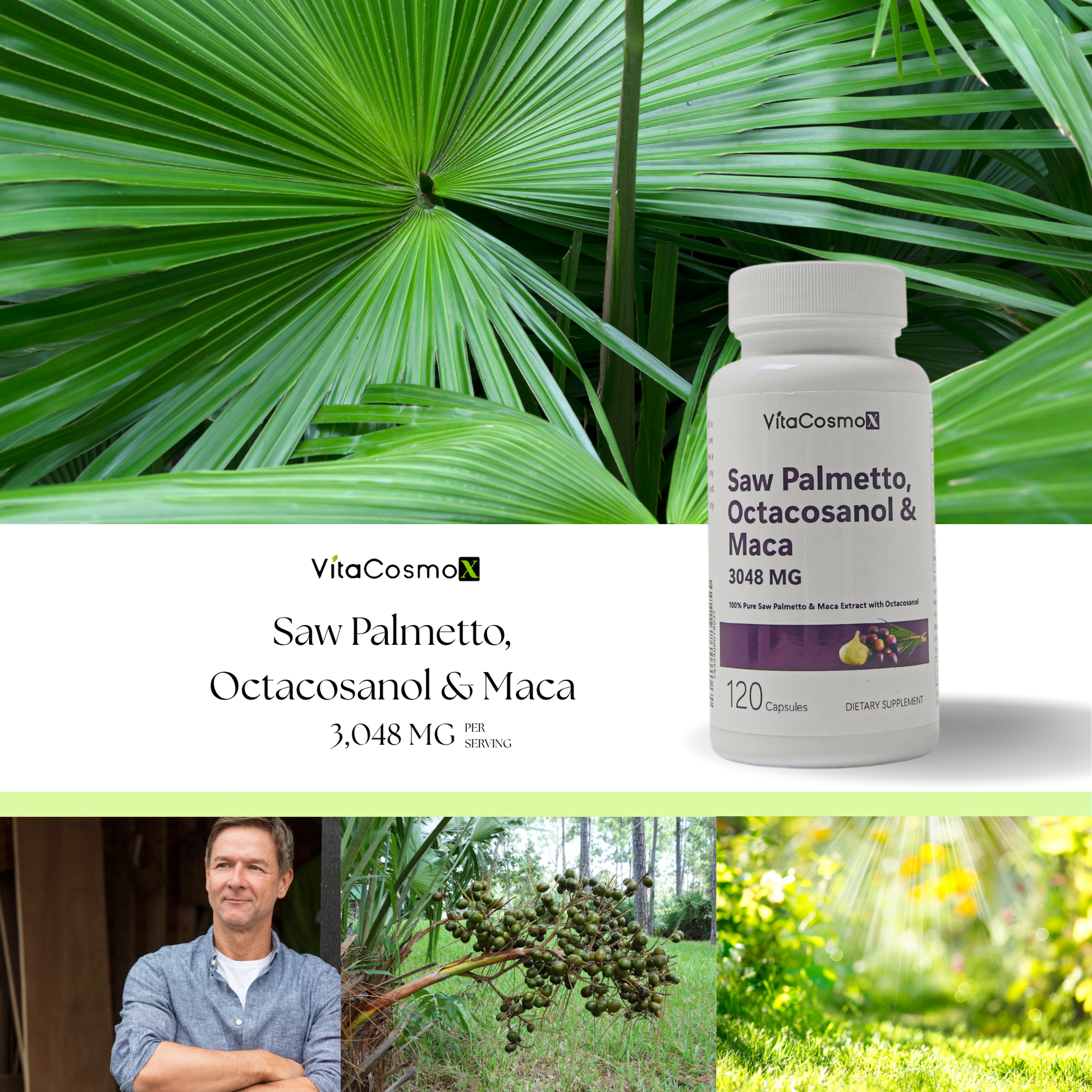 vitacosmox saw palmetto, octacosanol & maca 120 caps infographic