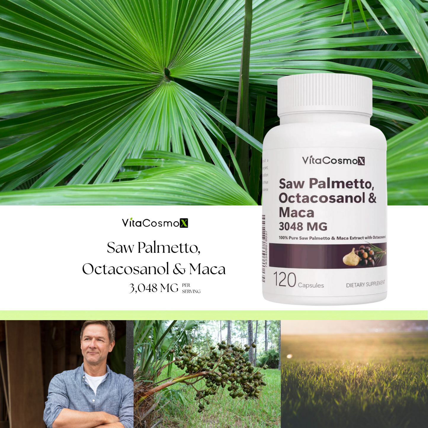 VitaCosmoX Saw Palmetto Octacosanol Maca 2048 mg 120 capsules