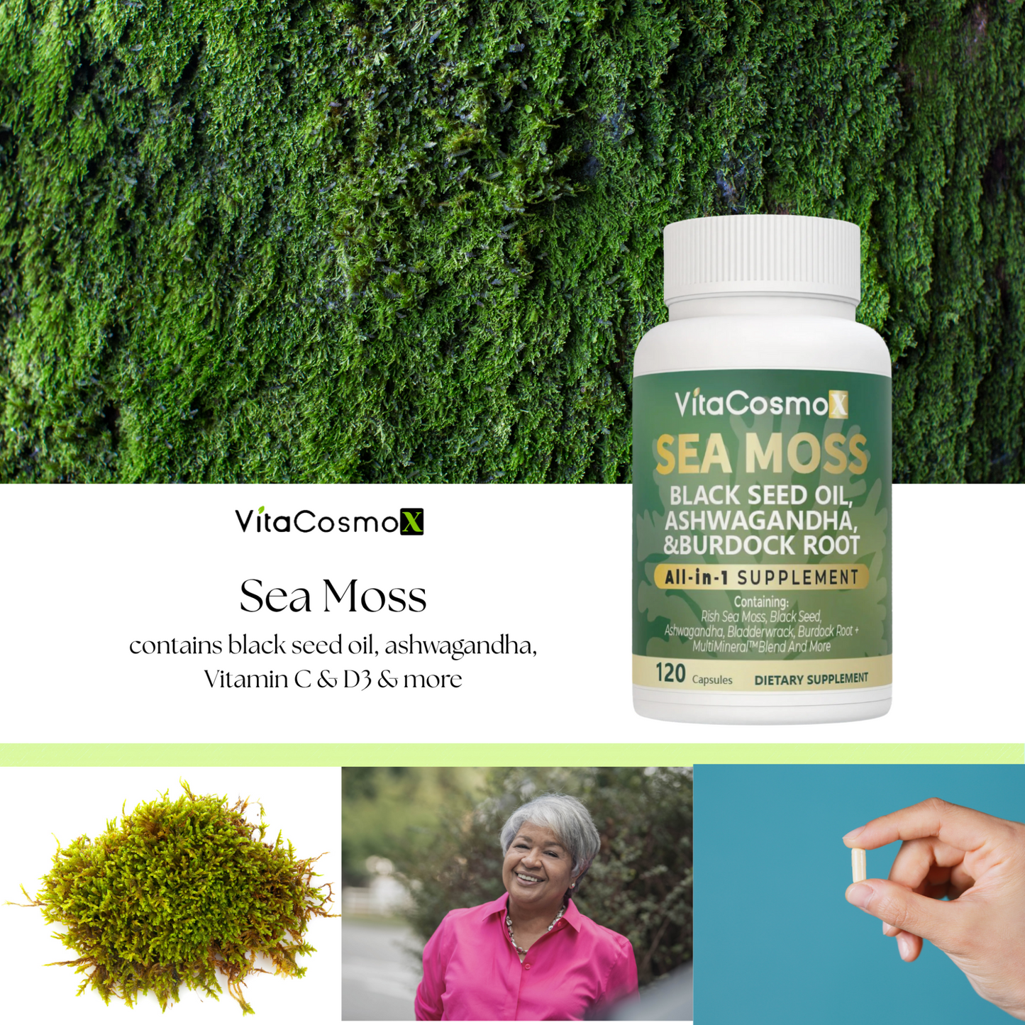 VitaCosmo Sea Moss supplement bottle with green background and additional images of sea moss 120 capsules