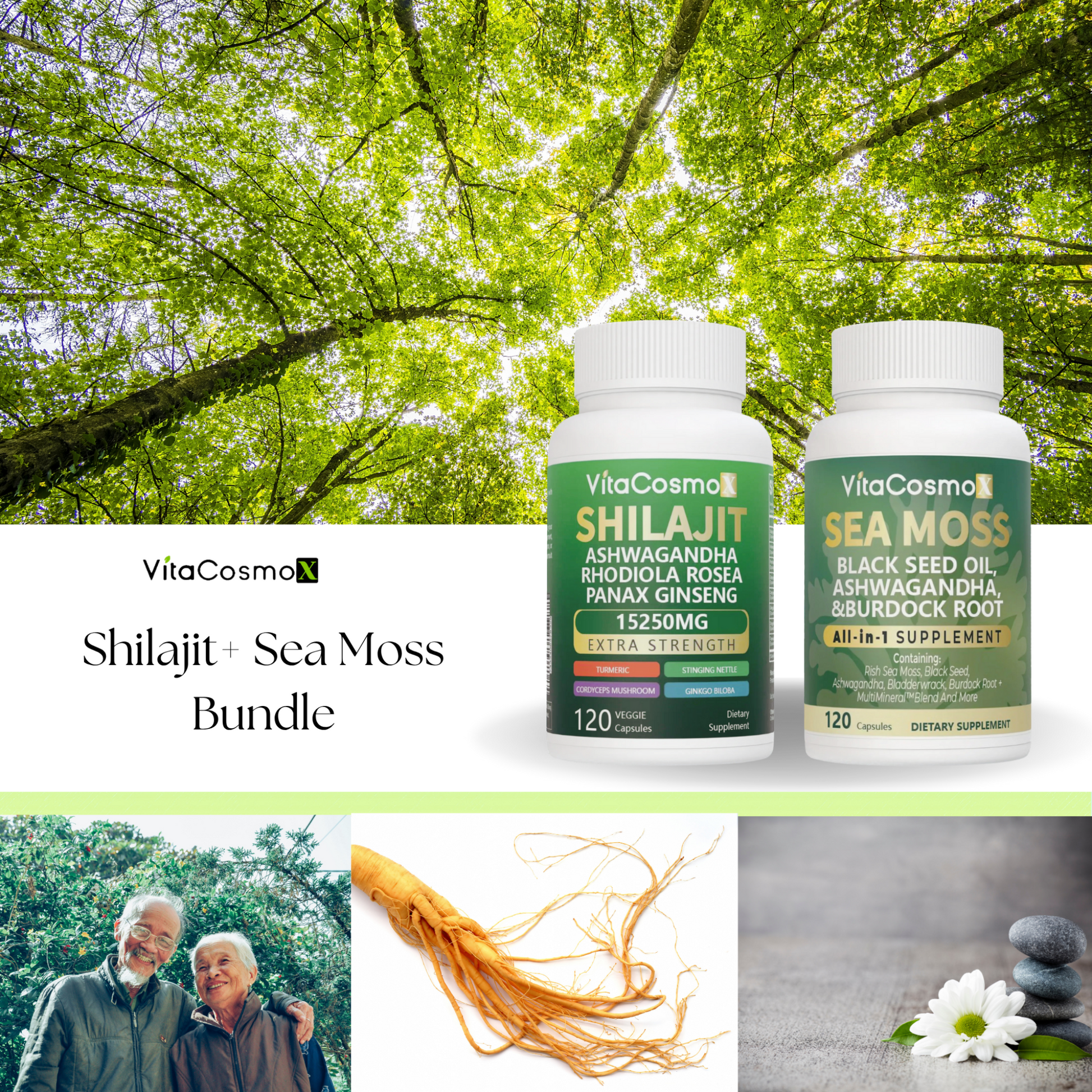 VitaCosmo Shilajit and Sea Moss supplement bottle with grass background 120 capsules