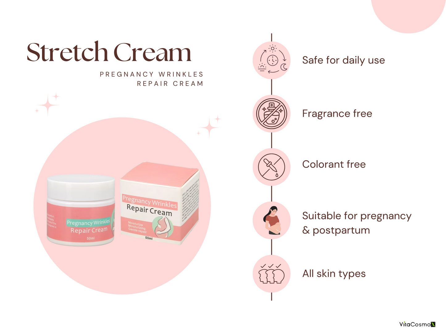 Stretch cream packaging with features listed on a pink background