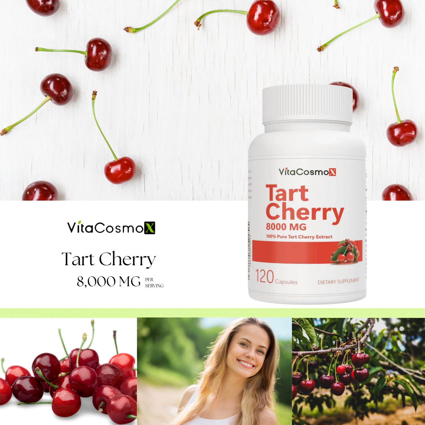VitaCosmo Tart Cherry supplement bottle with tart cherries on a white background 8000 mg 120 capsules
