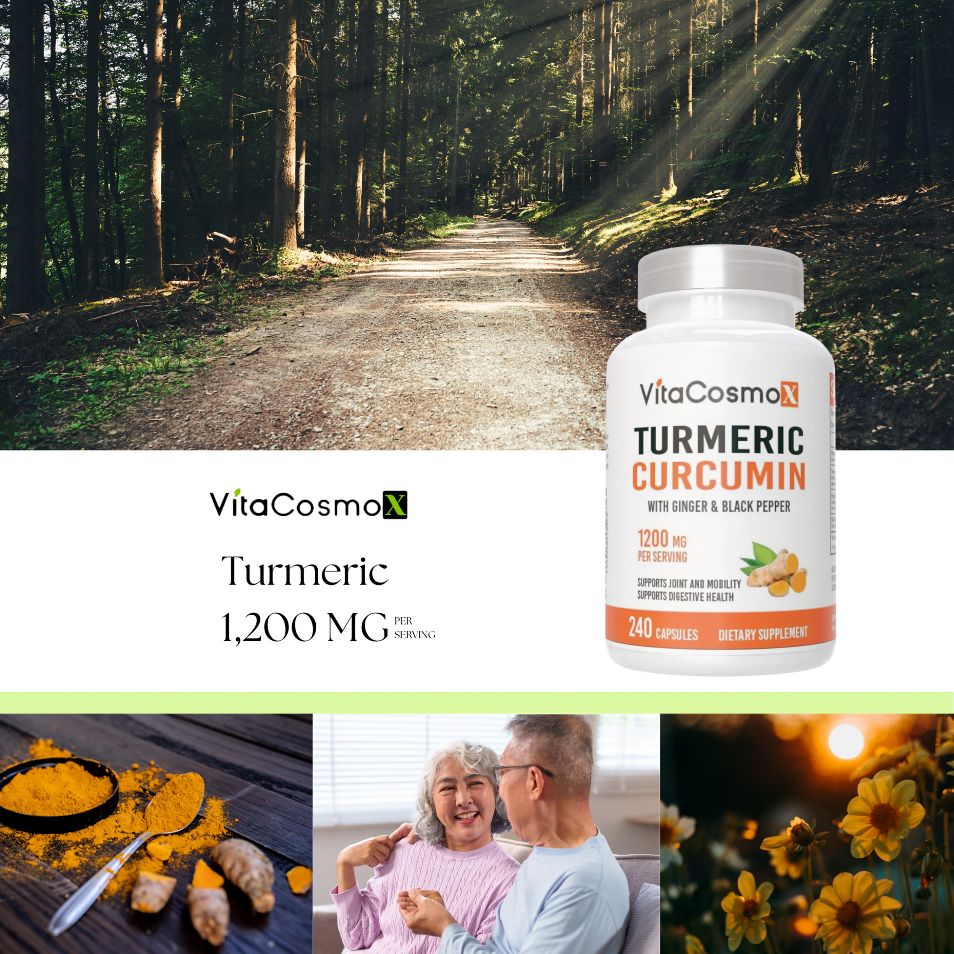 VitaCosmo Turmeric Curcumin supplement bottle with a forest background 1200 mg 240 capsules