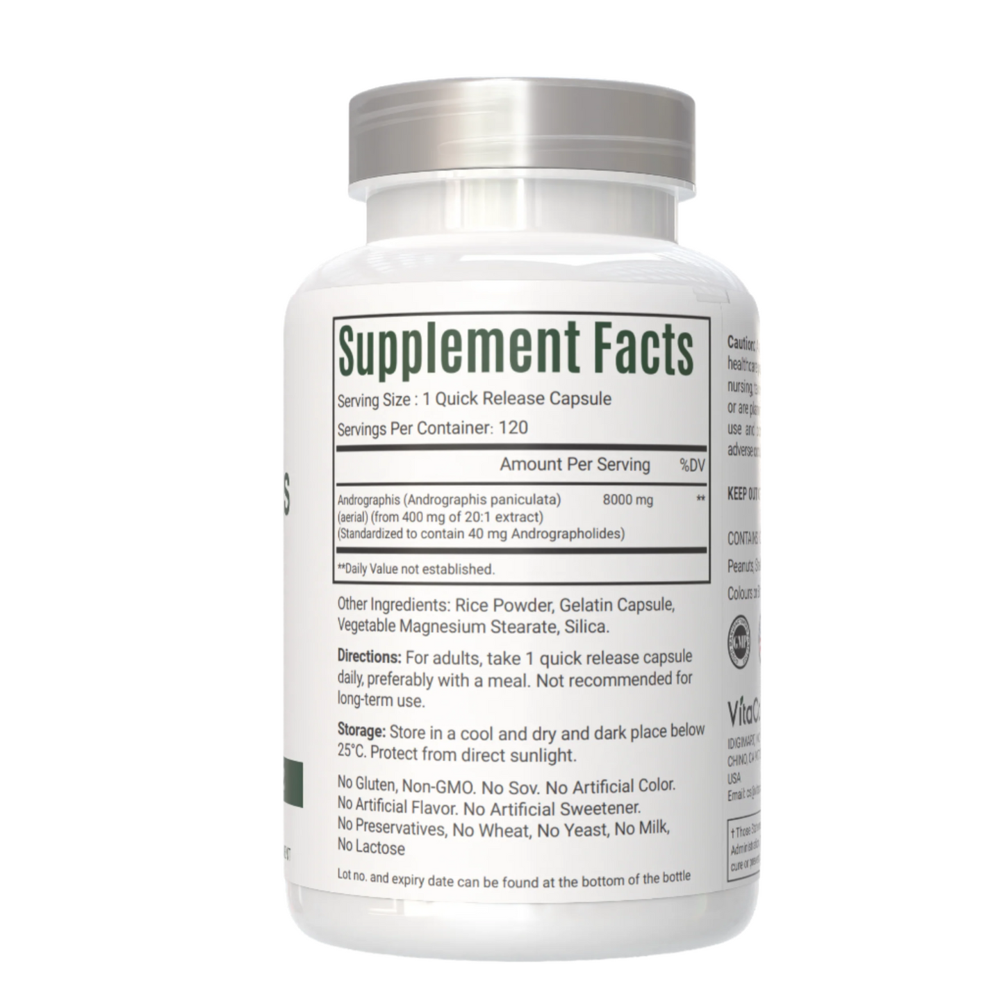 VitaCosmoX Andrographis Supplement bottle with label on a white background