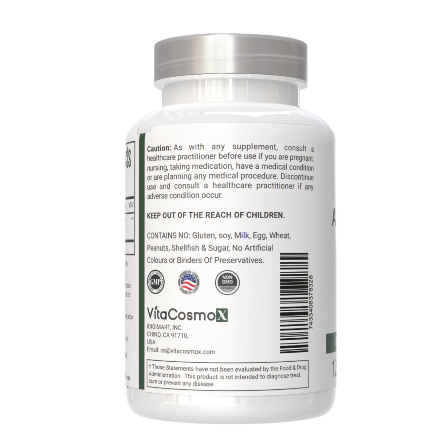 VitaCosmoX Andrographis supplement bottle with label on a white background - caution side