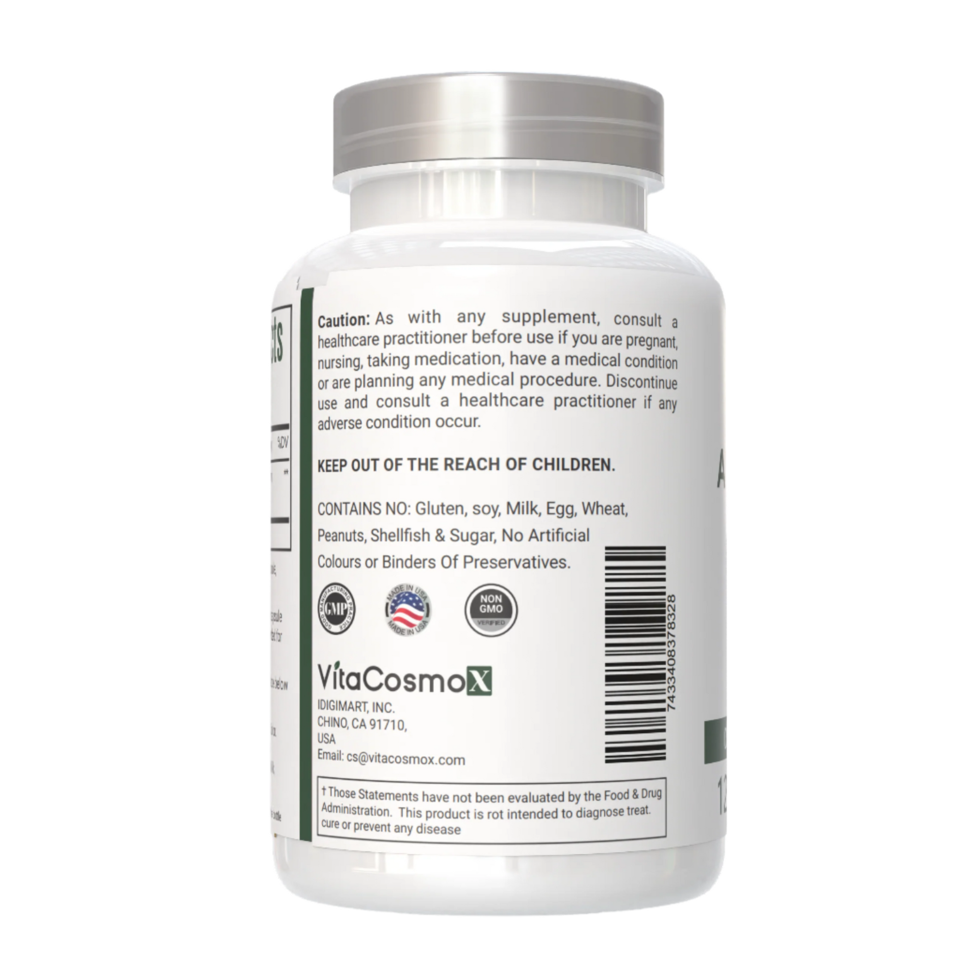 VitaCosmoX Andrographis supplement bottle with label on a white background - caution side