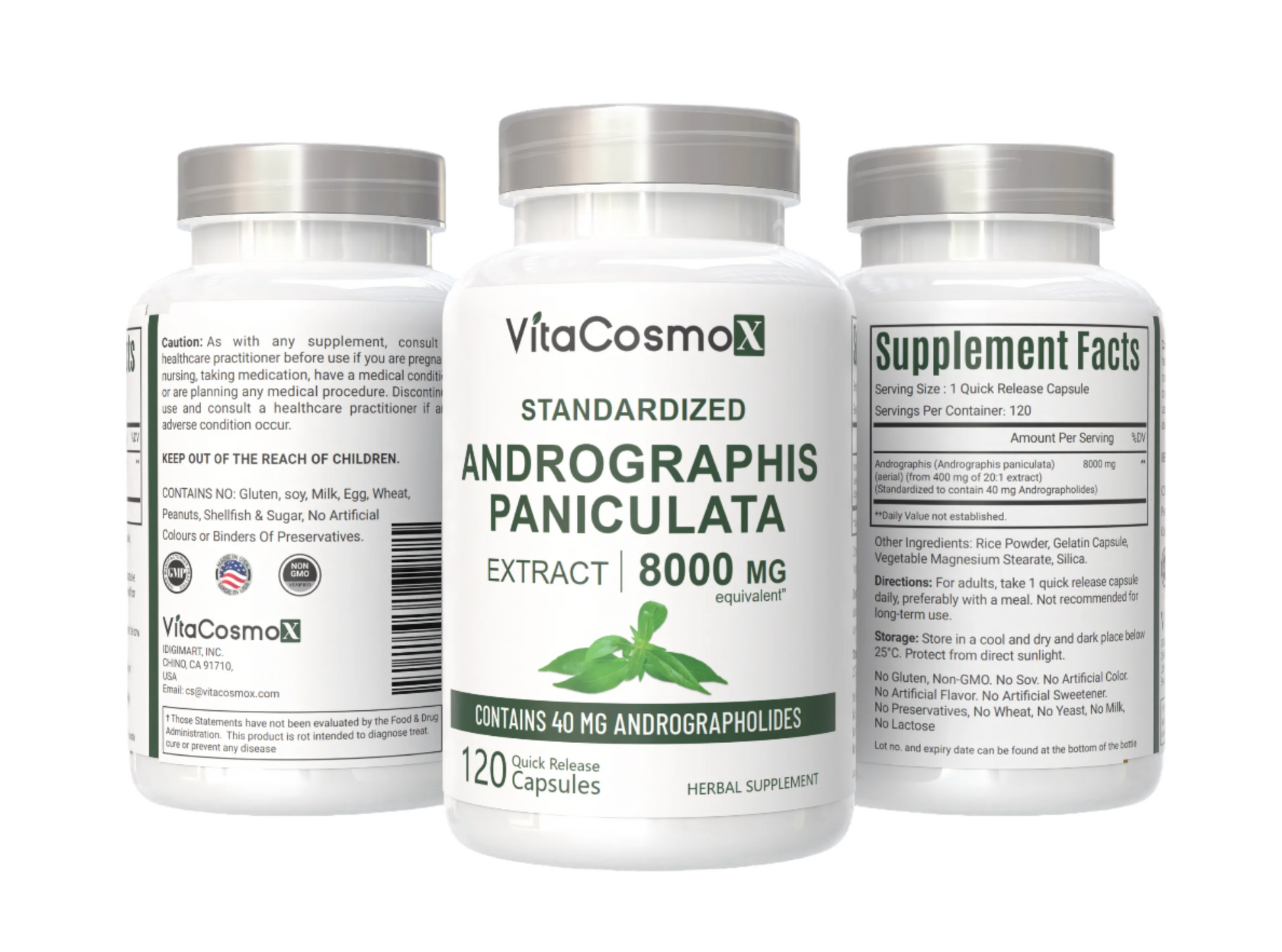 VitaCosmoX Andrographis Paniculata Extract supplement bottles on a white background