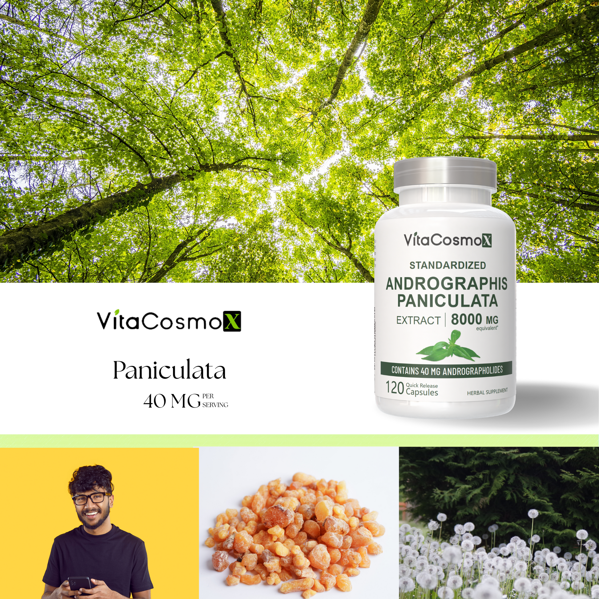 VitaCosmoX supplement bottle with nature-themed background