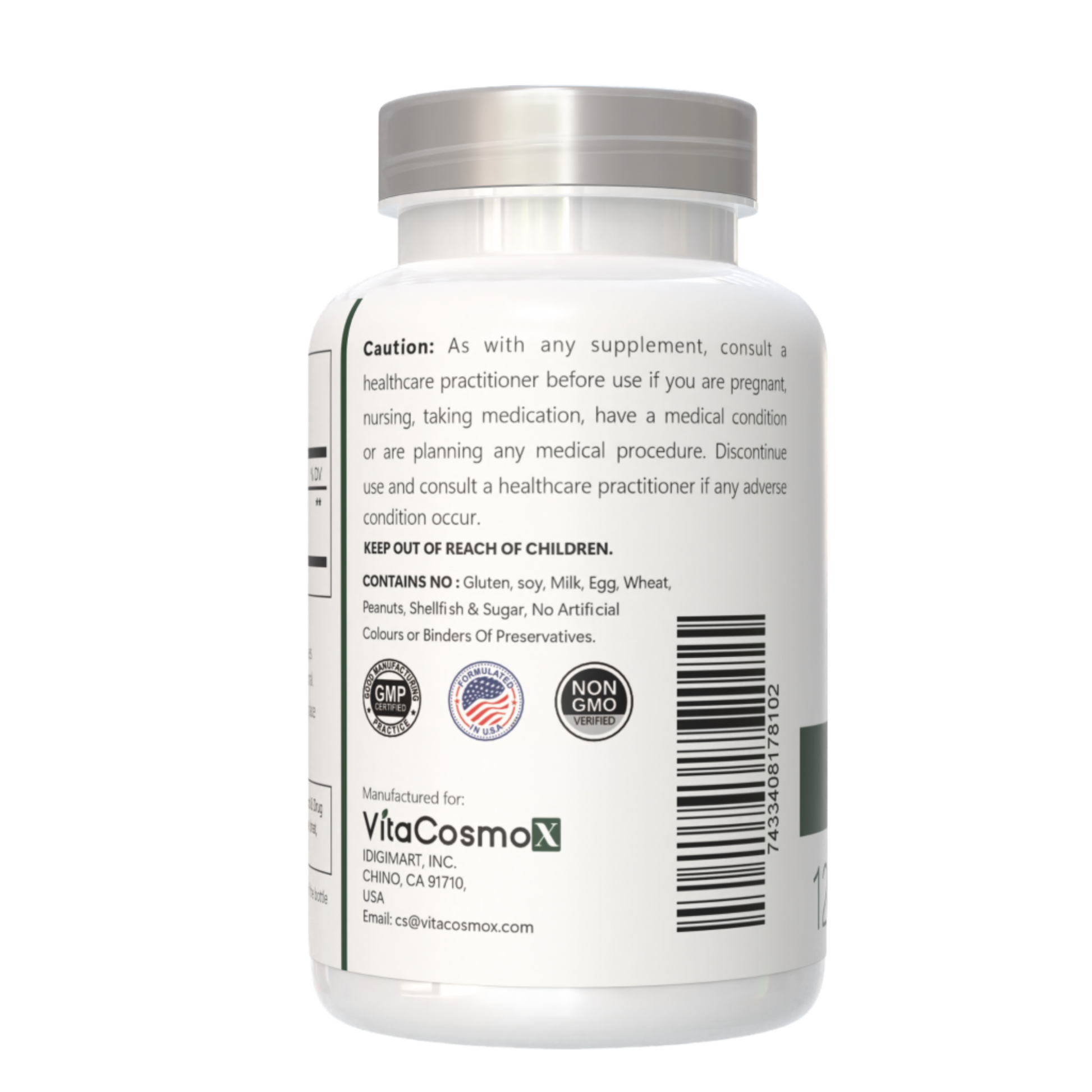 VitaCosmoX Cissus supplement bottle on a white background - caution fct side