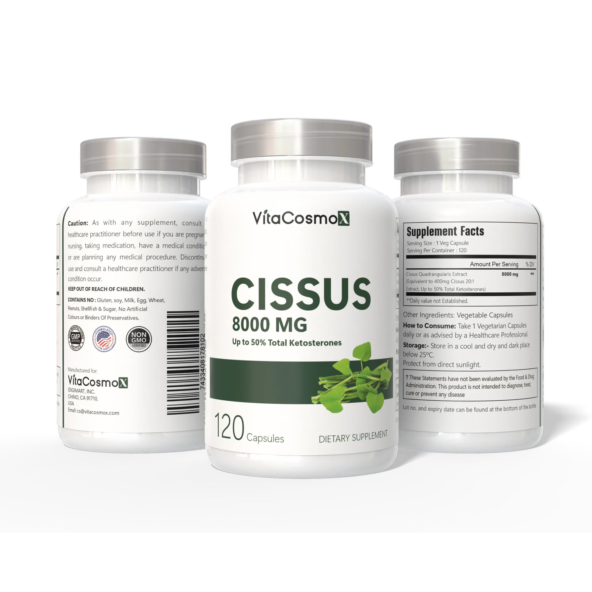 VitaCosmo Cissus 8000 MG dietary supplement bottle with labels on a white background all three sides