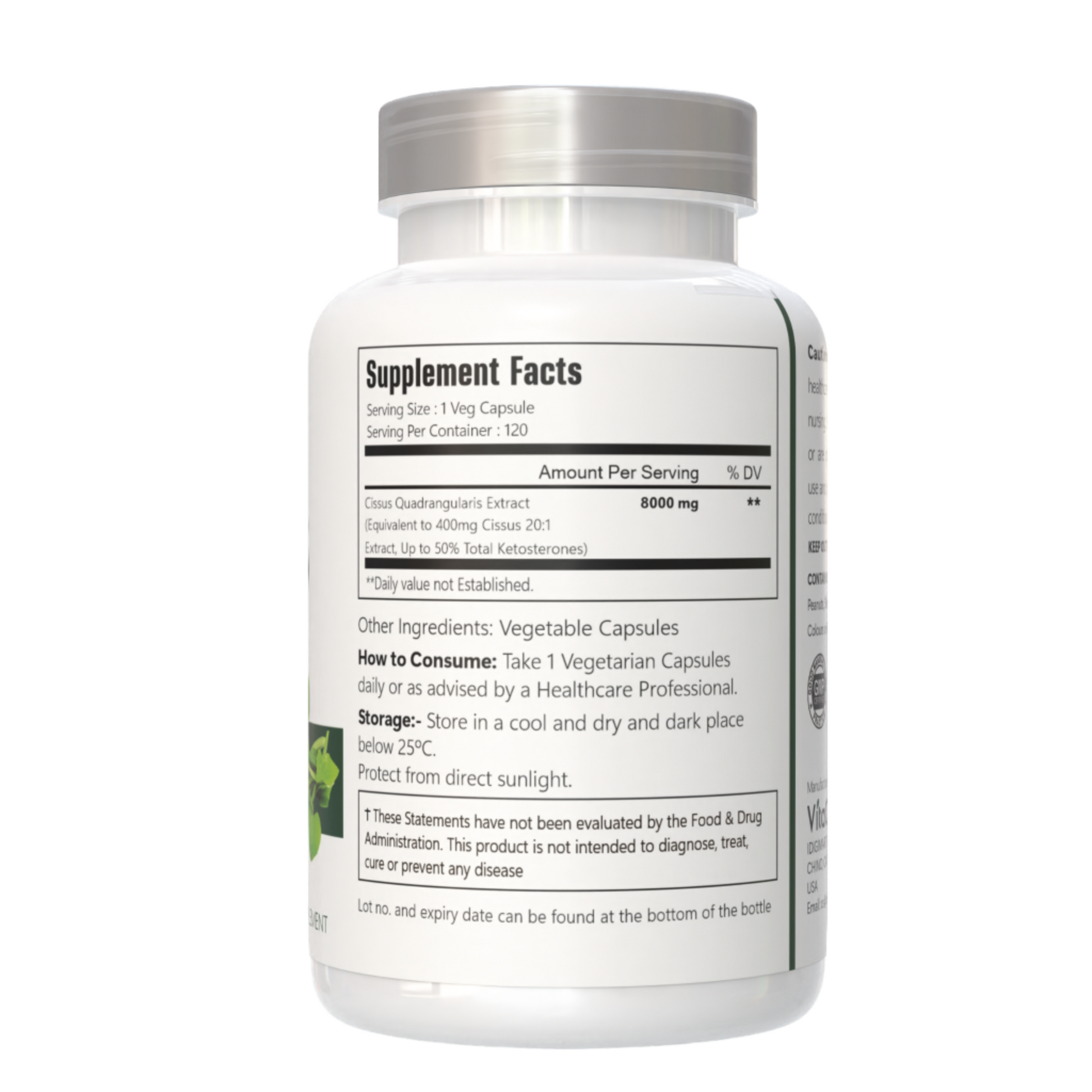 VitaCosmoX Cissus supplement bottle on a white background - supplement fact side