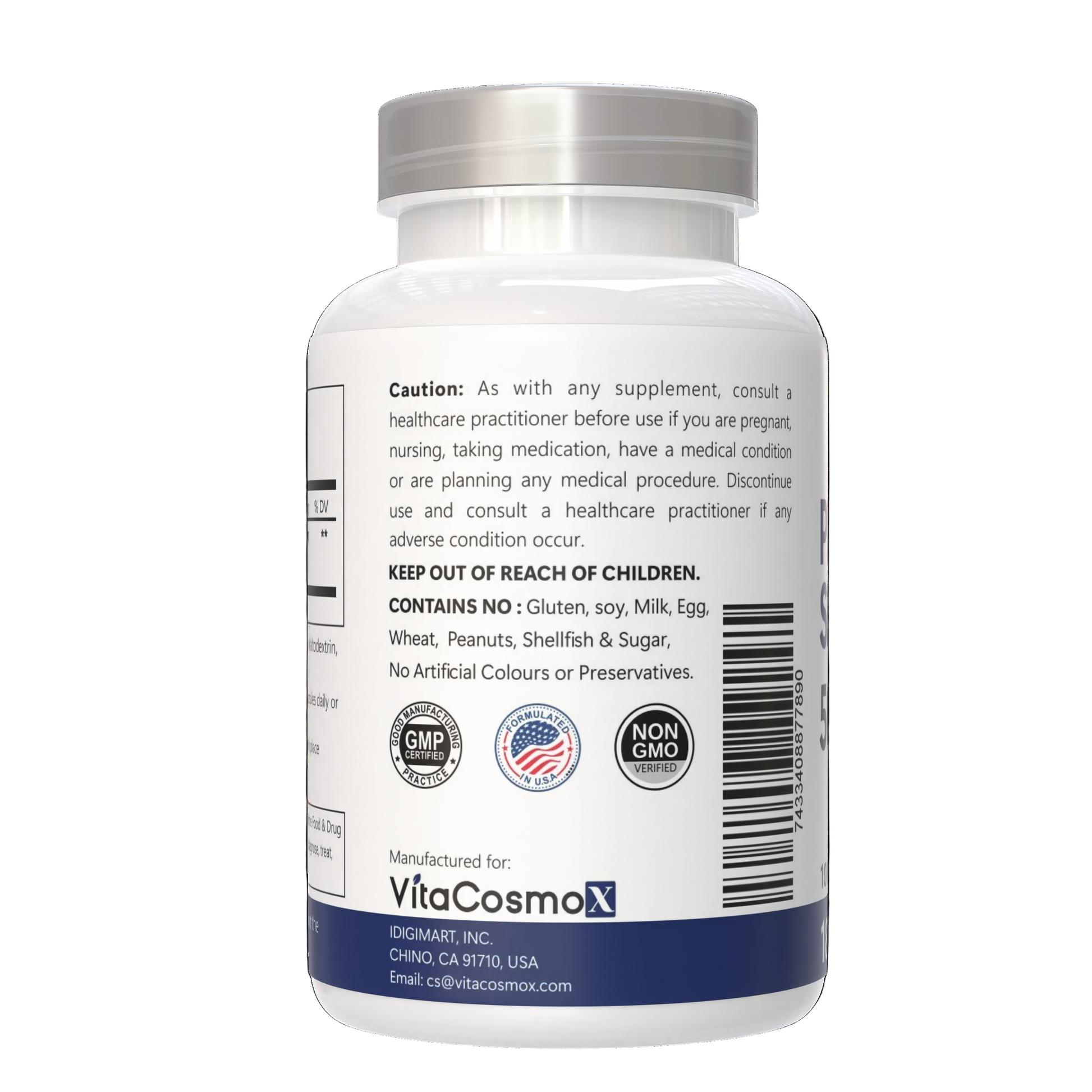 VitaCosmoX Phosphatidylserine caution warning side - 180 capsules 