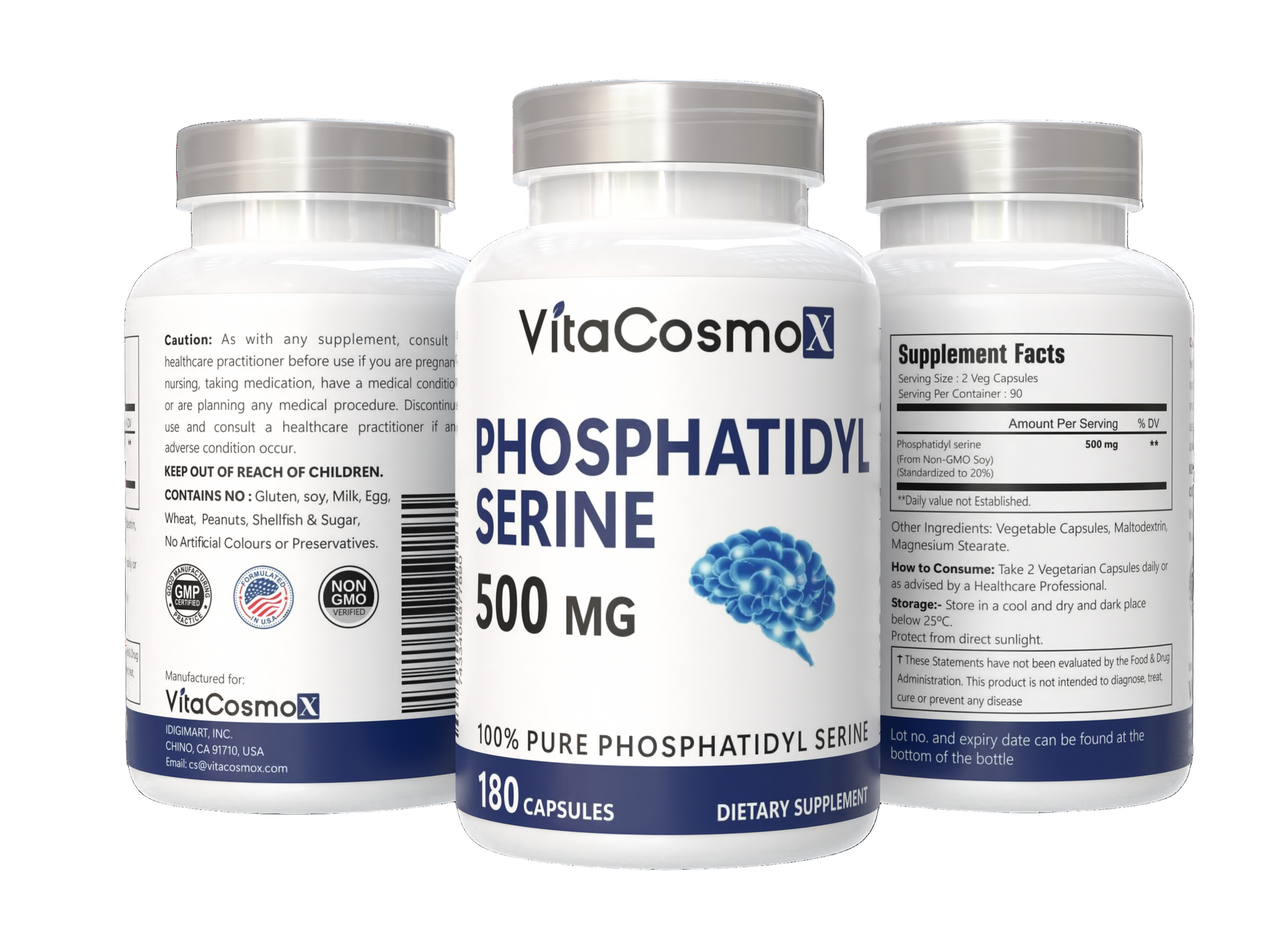 VitaCosmoX Phosphatidylserine all three sides - 180 capsules 
